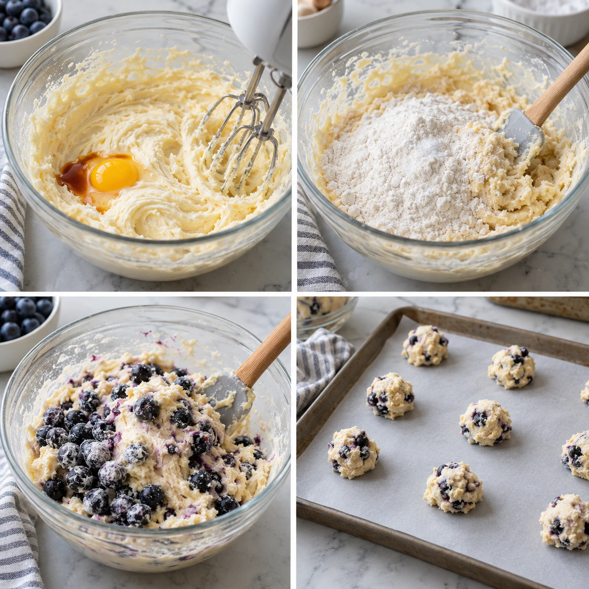 Four chronological preparation stages for Soft Berry Cream Cookies
