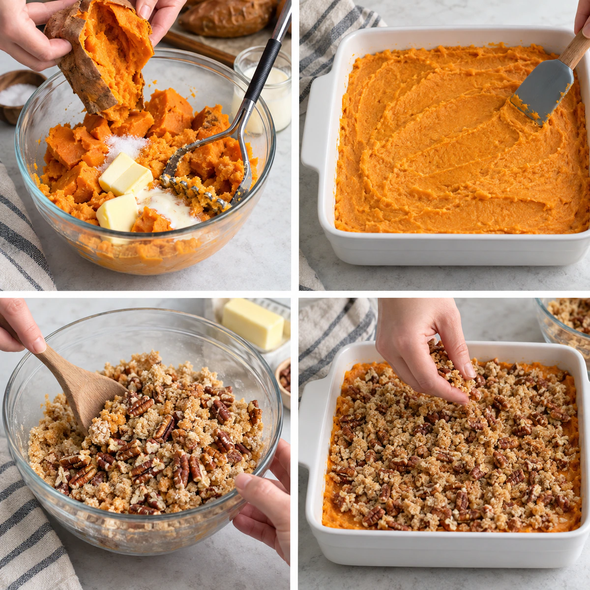 Four chronological preparation stages for Ruth's Chris Potato Bake