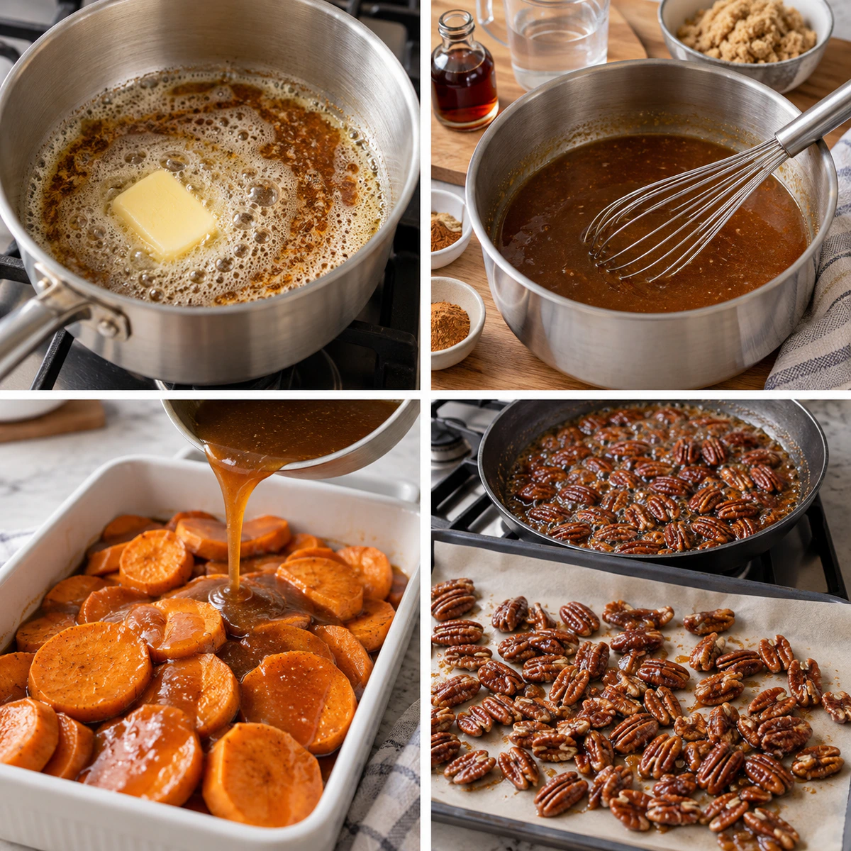 Four chronological preparation stages for Sweet Maple Potato Bake
