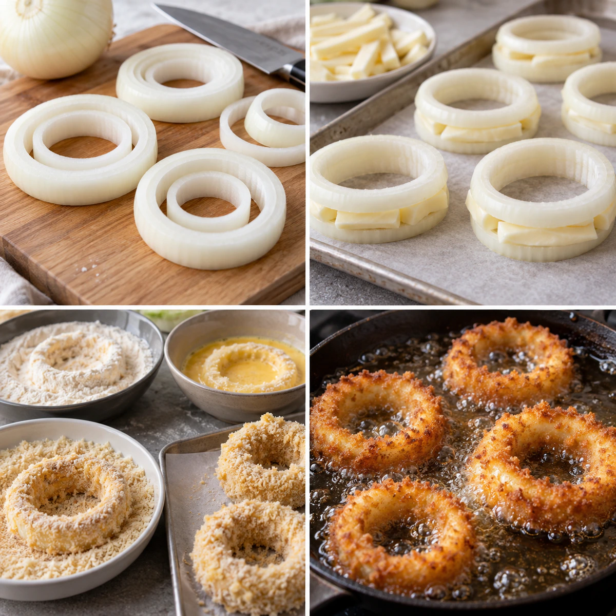 Four chronological preparation stages for Cheesy Stuffed Rings