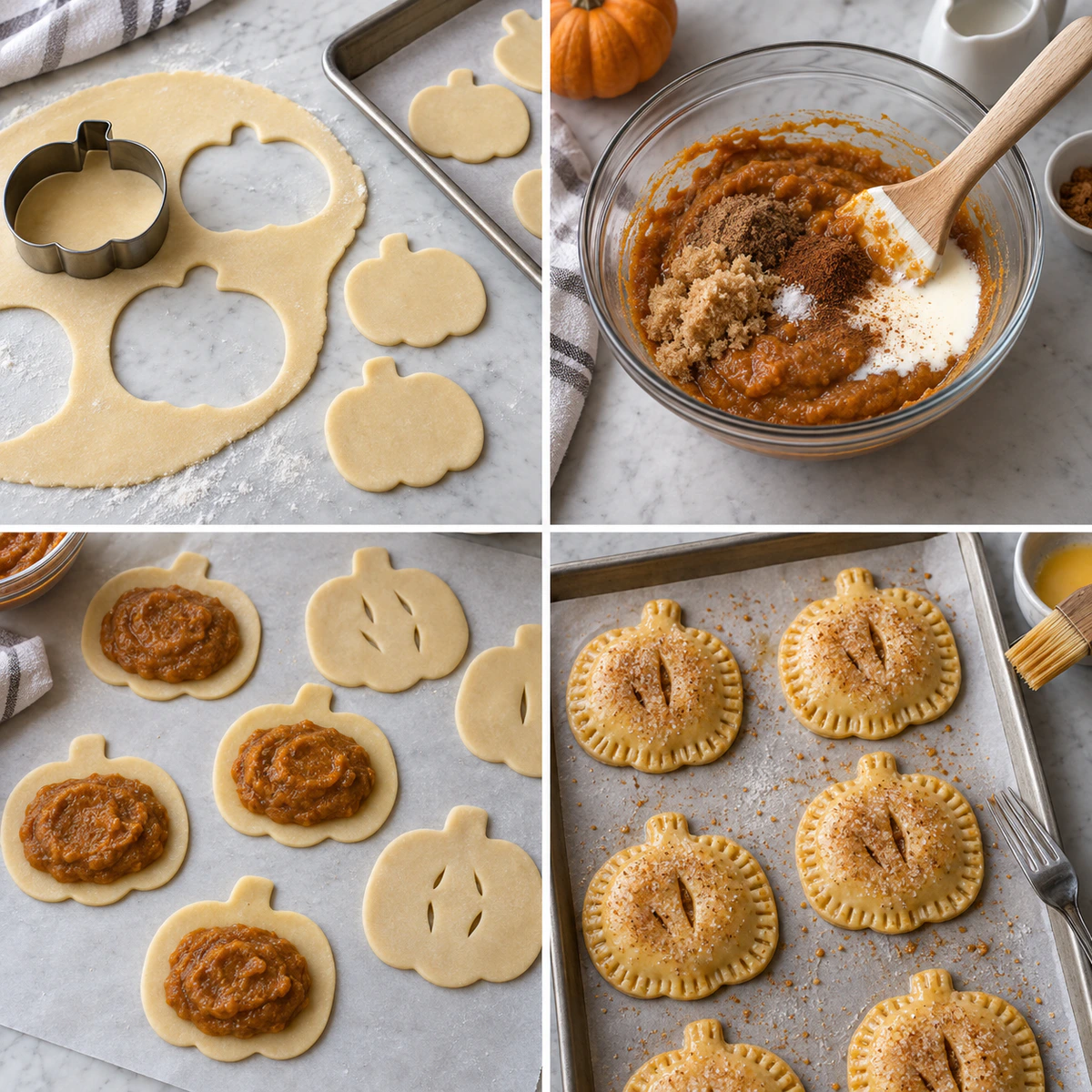 Four chronological preparation stages for Mini Pumpkin Pies