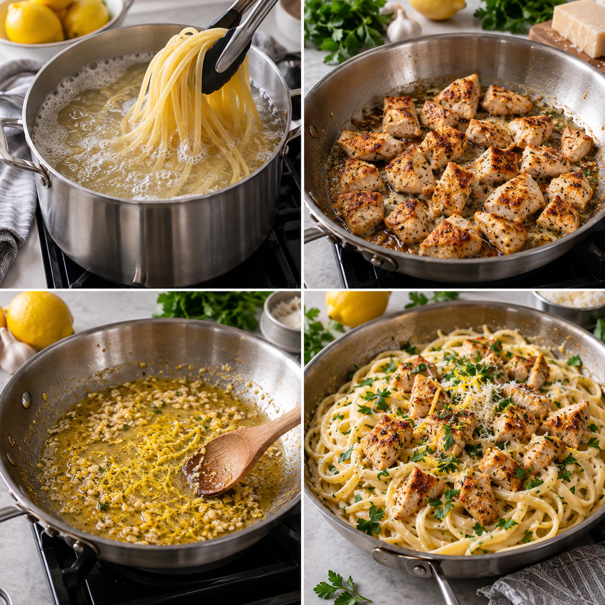Four chronological preparation stages for Garlic Lemon Chicken Pasta