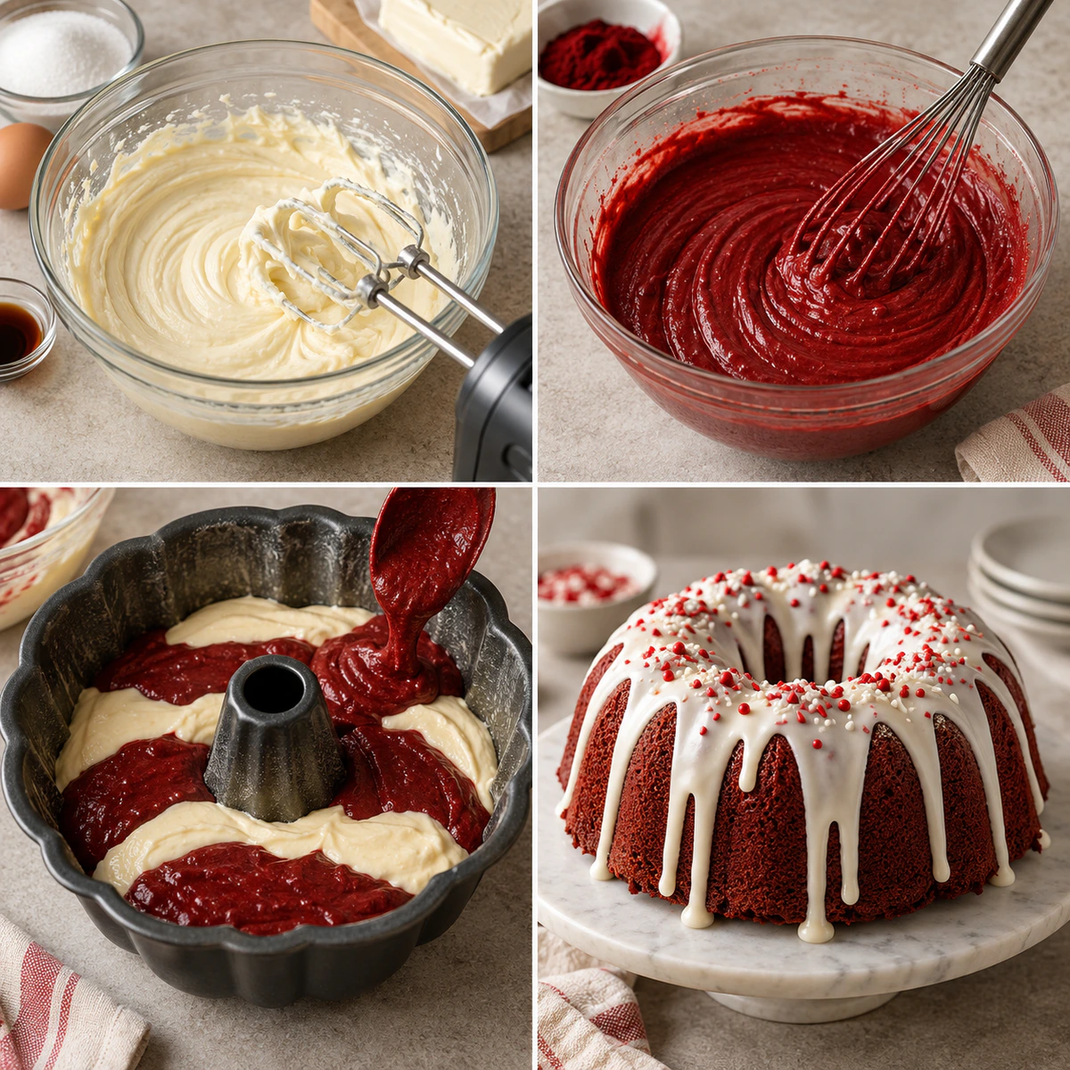 Four chronological preparation stages for Cheesecake Swirl Bundt