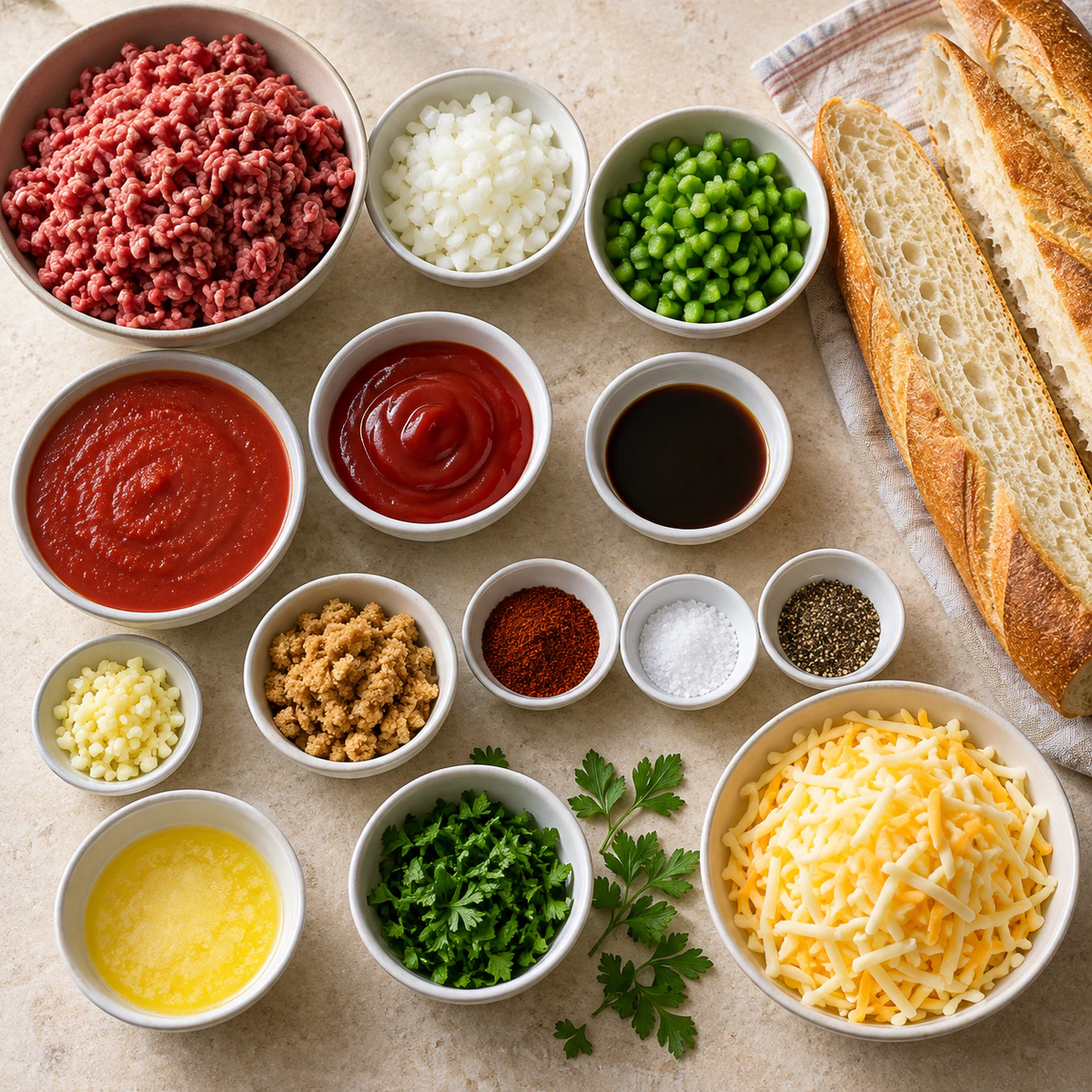 Exact measured ingredients for Cheesy Joe Garlic Bread