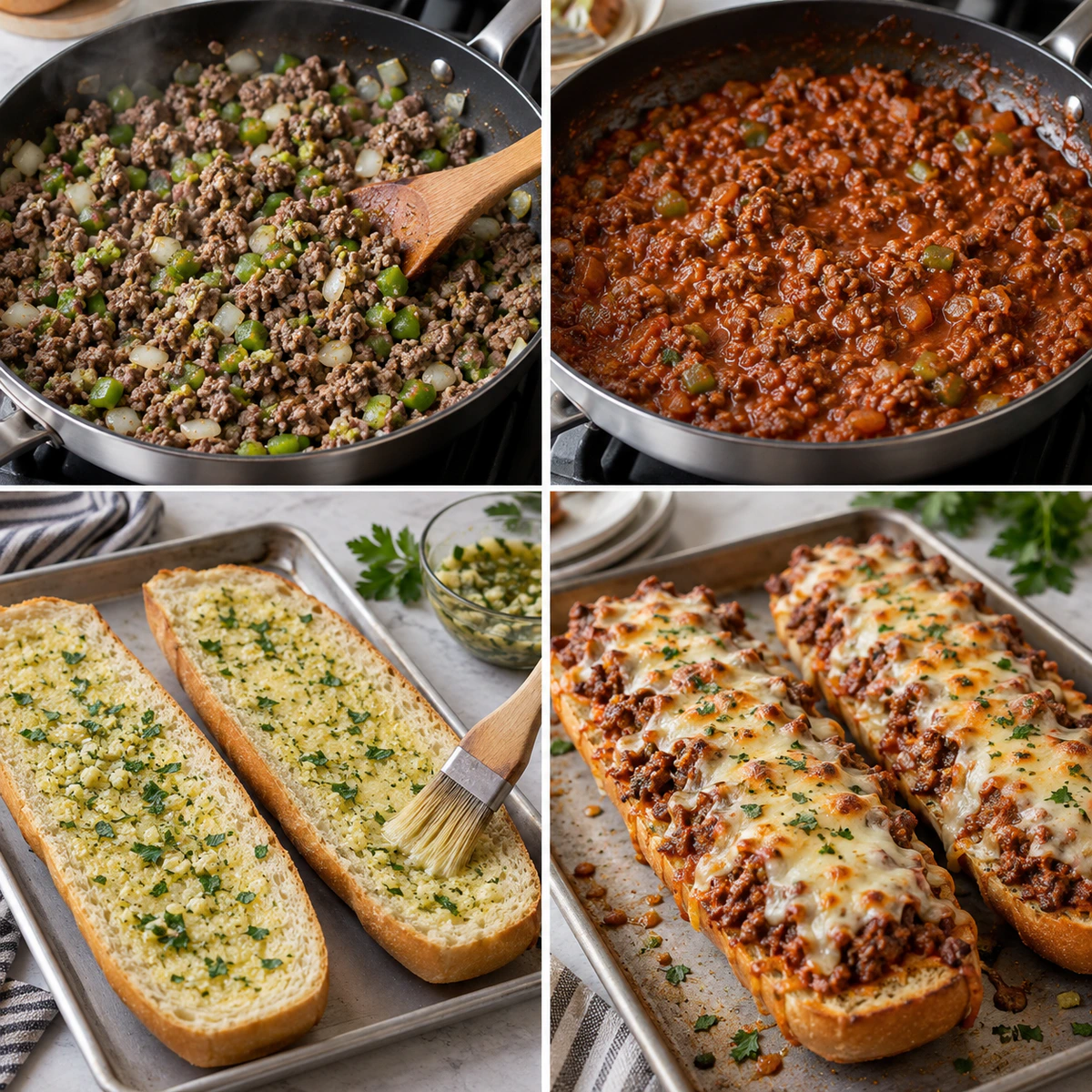 Four chronological preparation stages for Cheesy Joe Garlic Bread