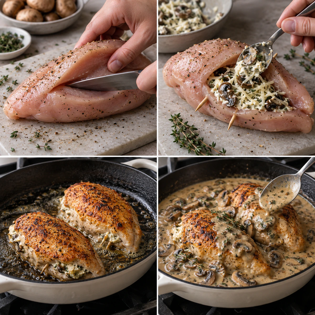 Four chronological preparation stages for Cheesy Mushroom Chicken