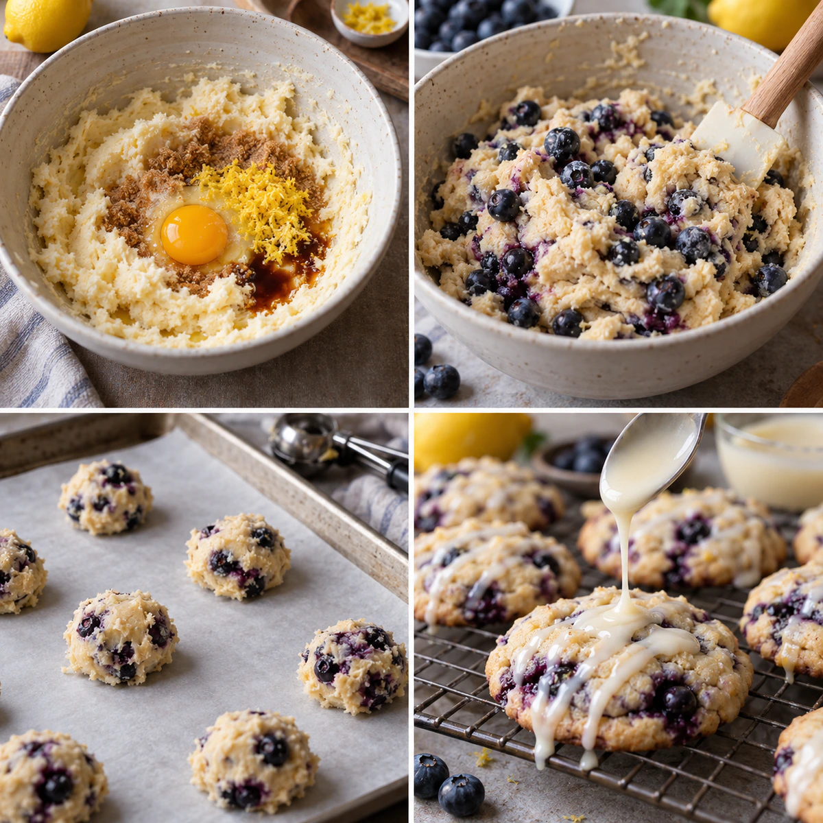 Four chronological preparation stages for Blueberry Muffin Cookies