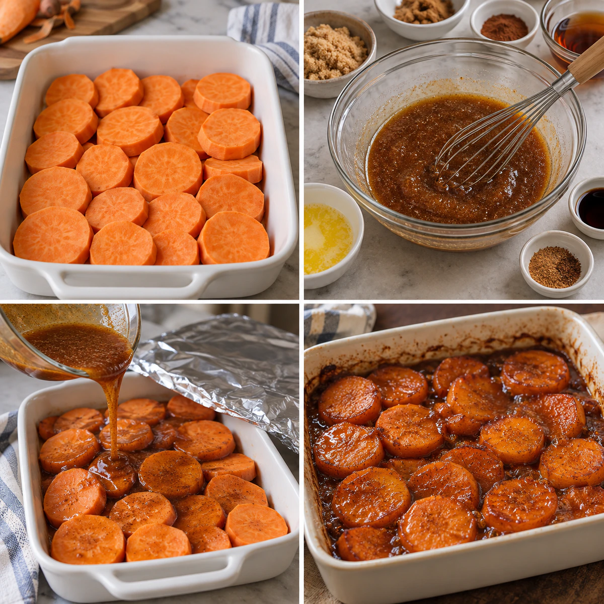 Four chronological preparation stages for Sweet Glazed Potatoes