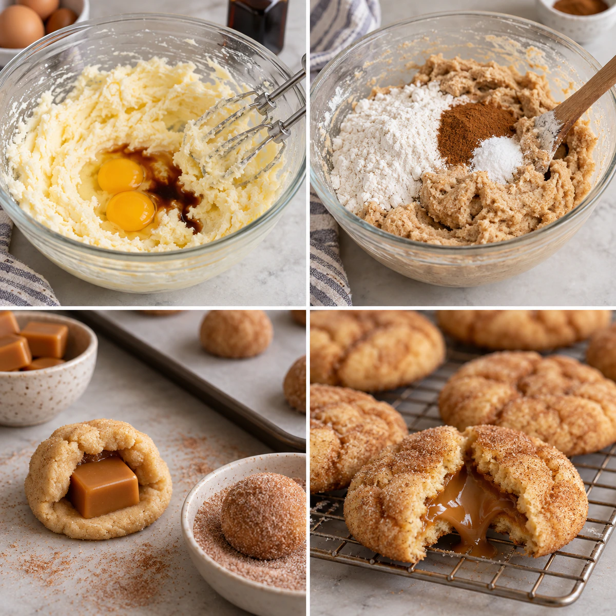 Four chronological preparation stages for Caramel Stuffed Snickerdoodle Cookies