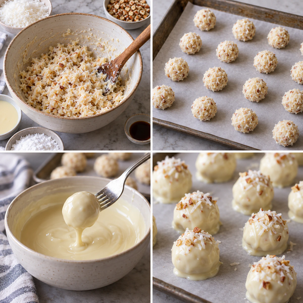 Four chronological preparation stages for Sweet Coconut Truffles