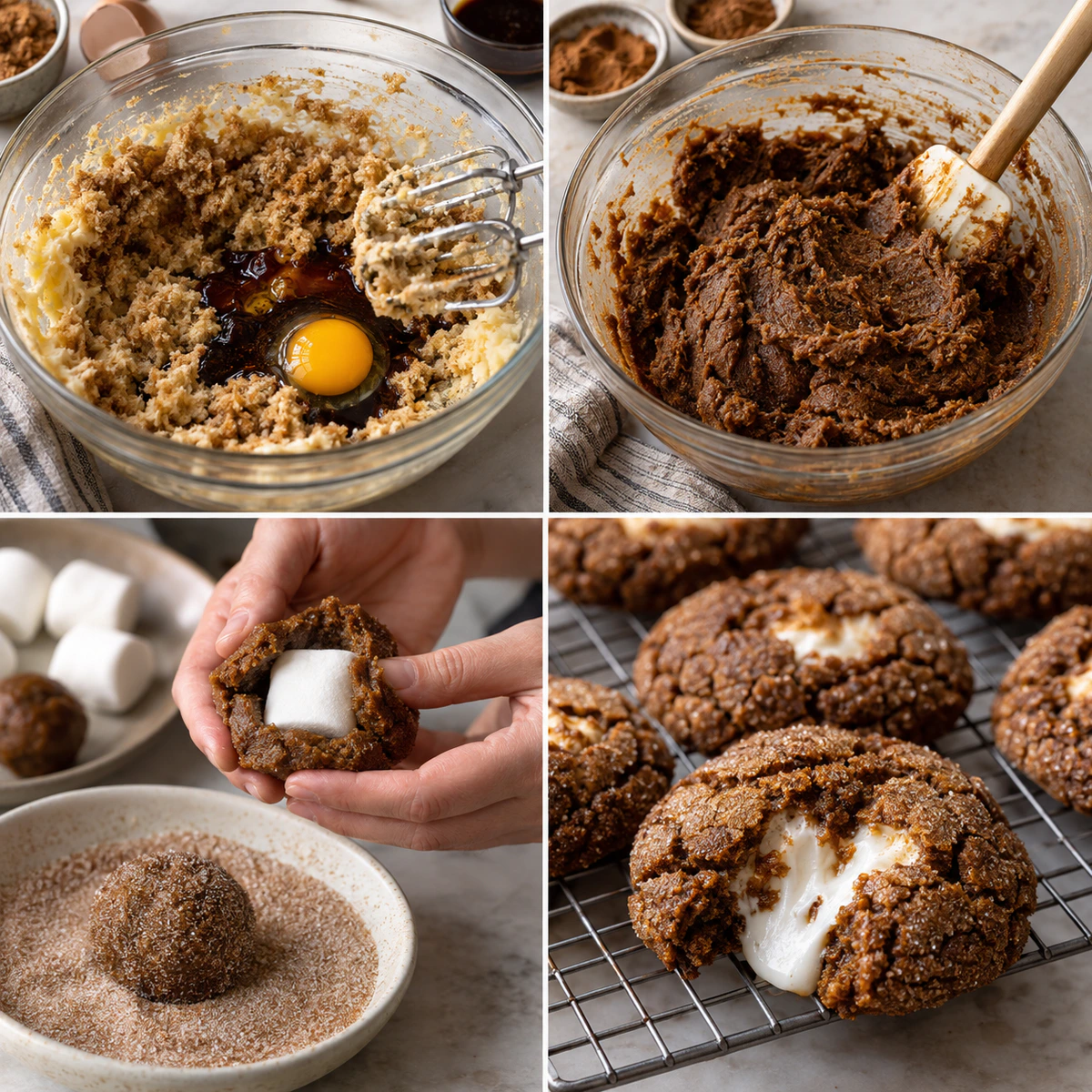 Four chronological preparation stages for Marshmallow Stuffed Molasses Cookies