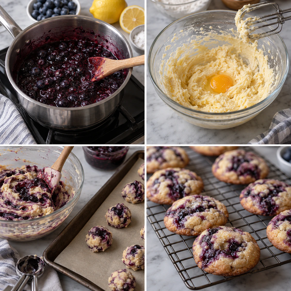 Four chronological preparation stages for Blueberry Jammy Cookies