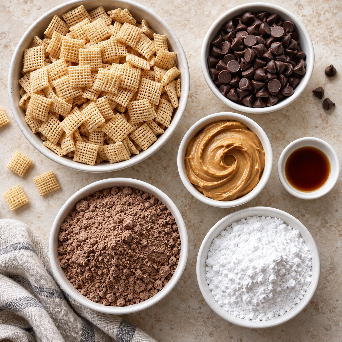Exact measured ingredients for Brownie Batter Puppy Chow