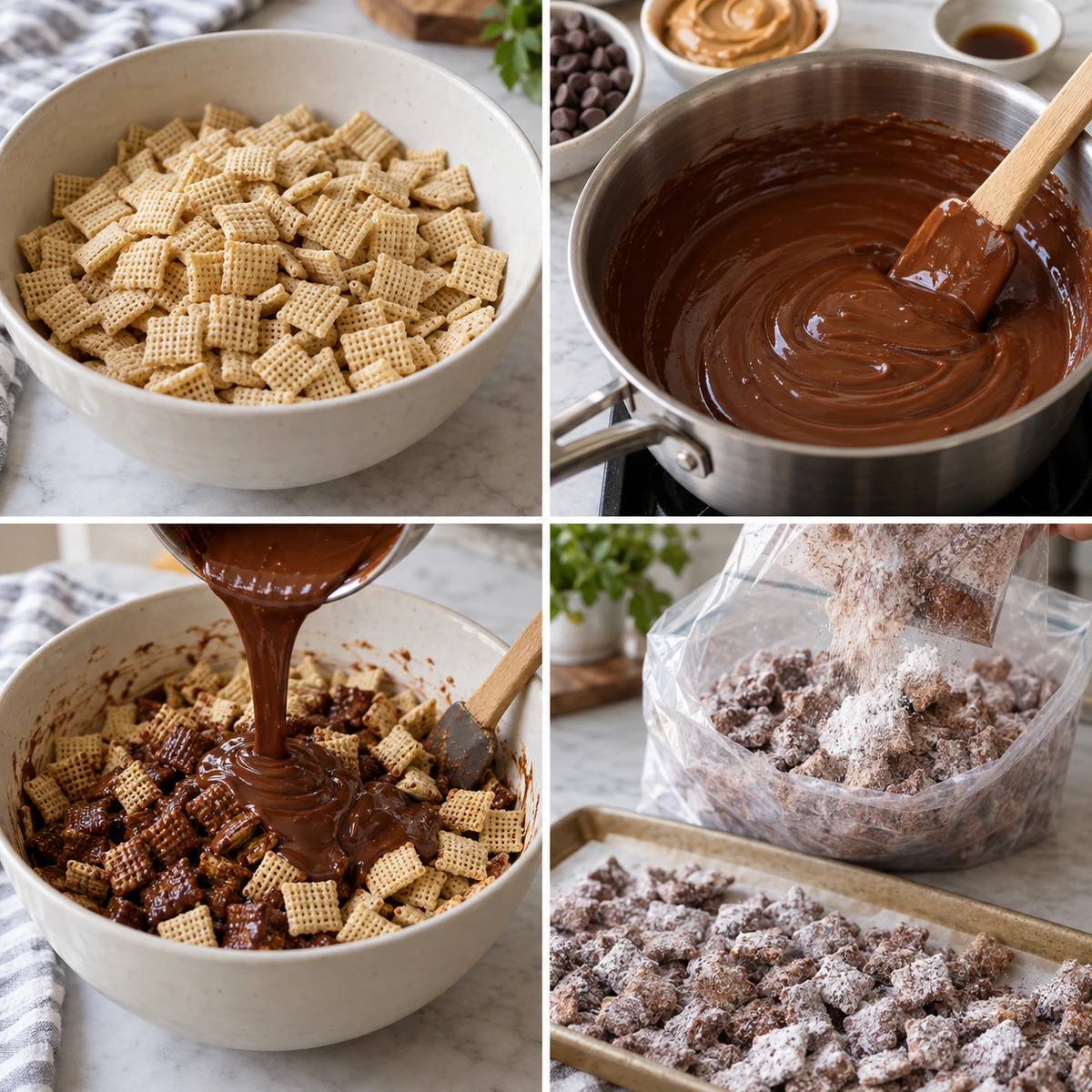 Four chronological preparation stages for Brownie Batter Puppy Chow