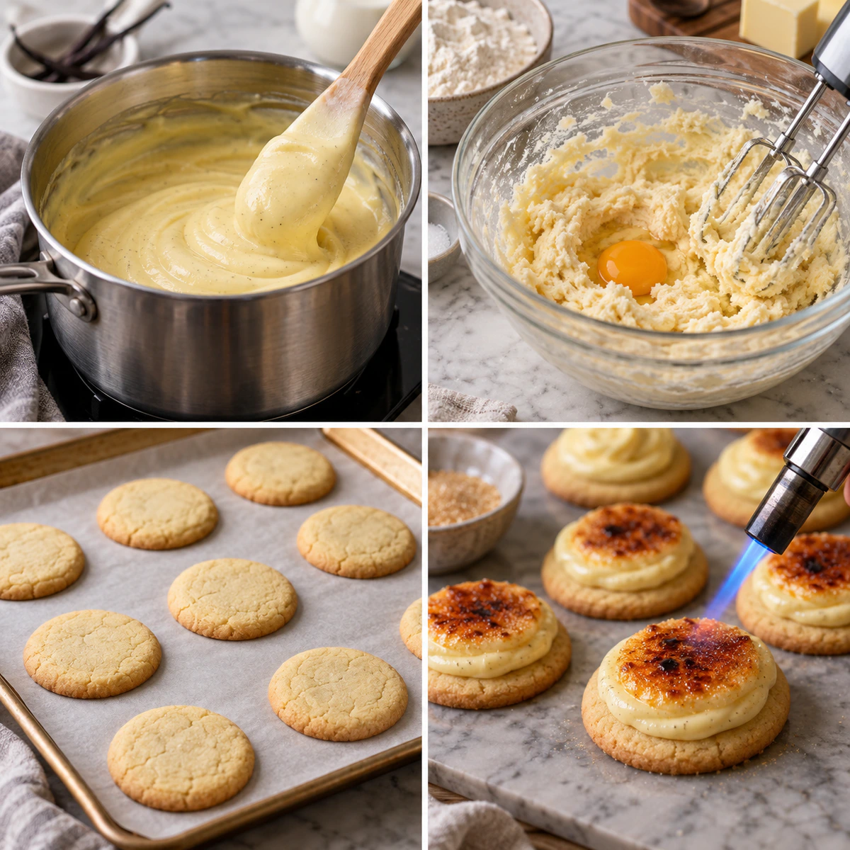 Four chronological preparation stages for Crème Brûlée Cookies
