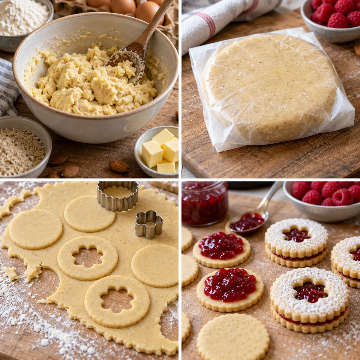 Four chronological preparation stages for Raspberry Linzer Cookies
