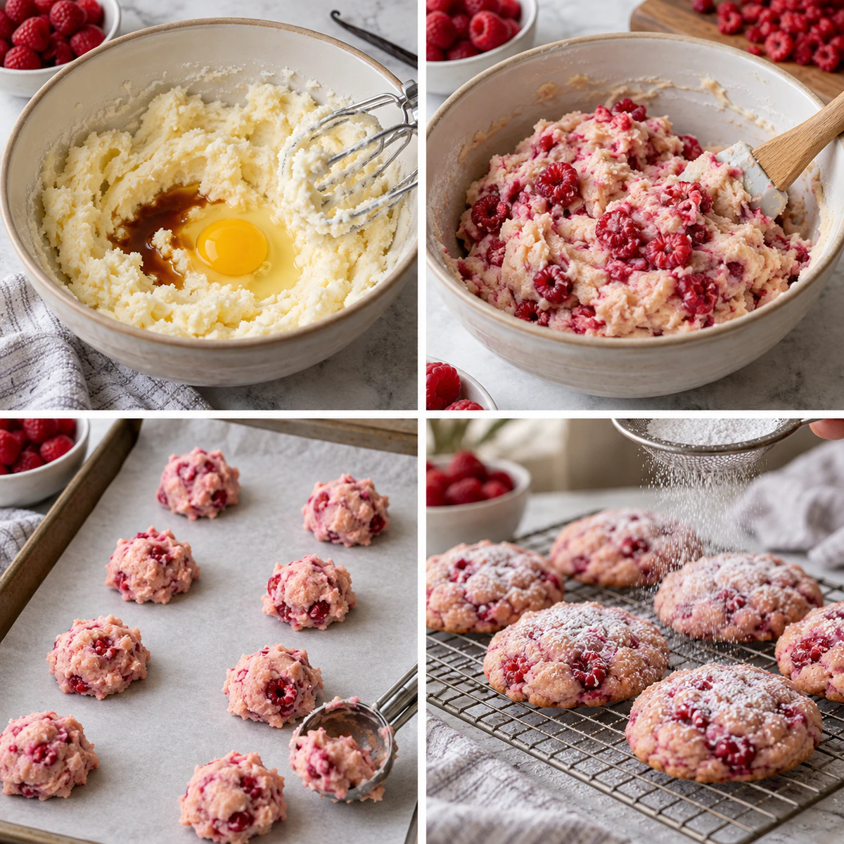 Four chronological preparation stages for Raspberry Sugar Cookies