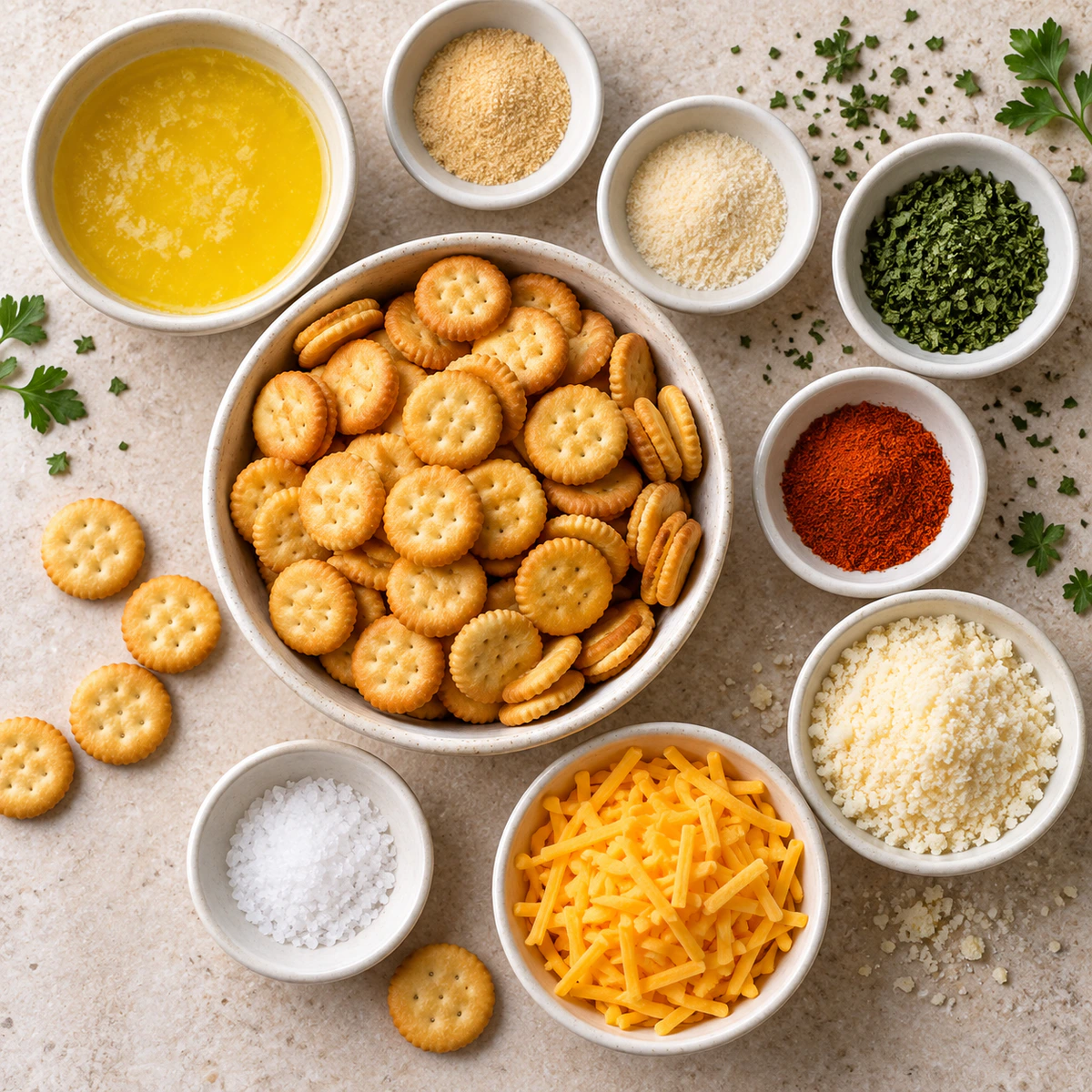 Exact measured ingredients for Cheesy Garlic Ritz Bits Snacks