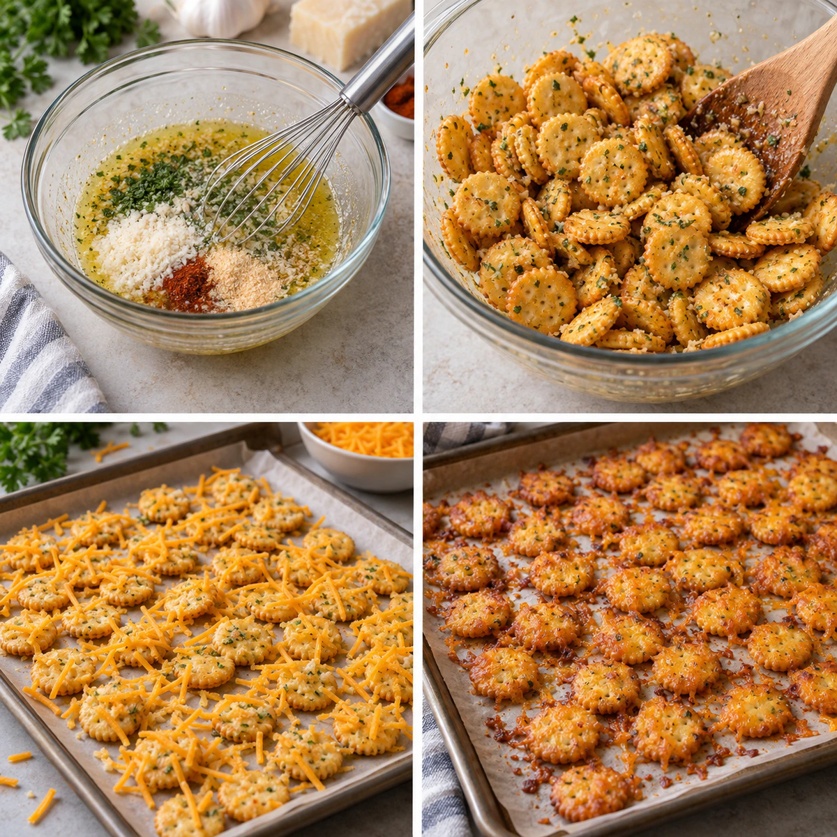 Four chronological preparation stages for Cheesy Garlic Ritz Bits Snacks