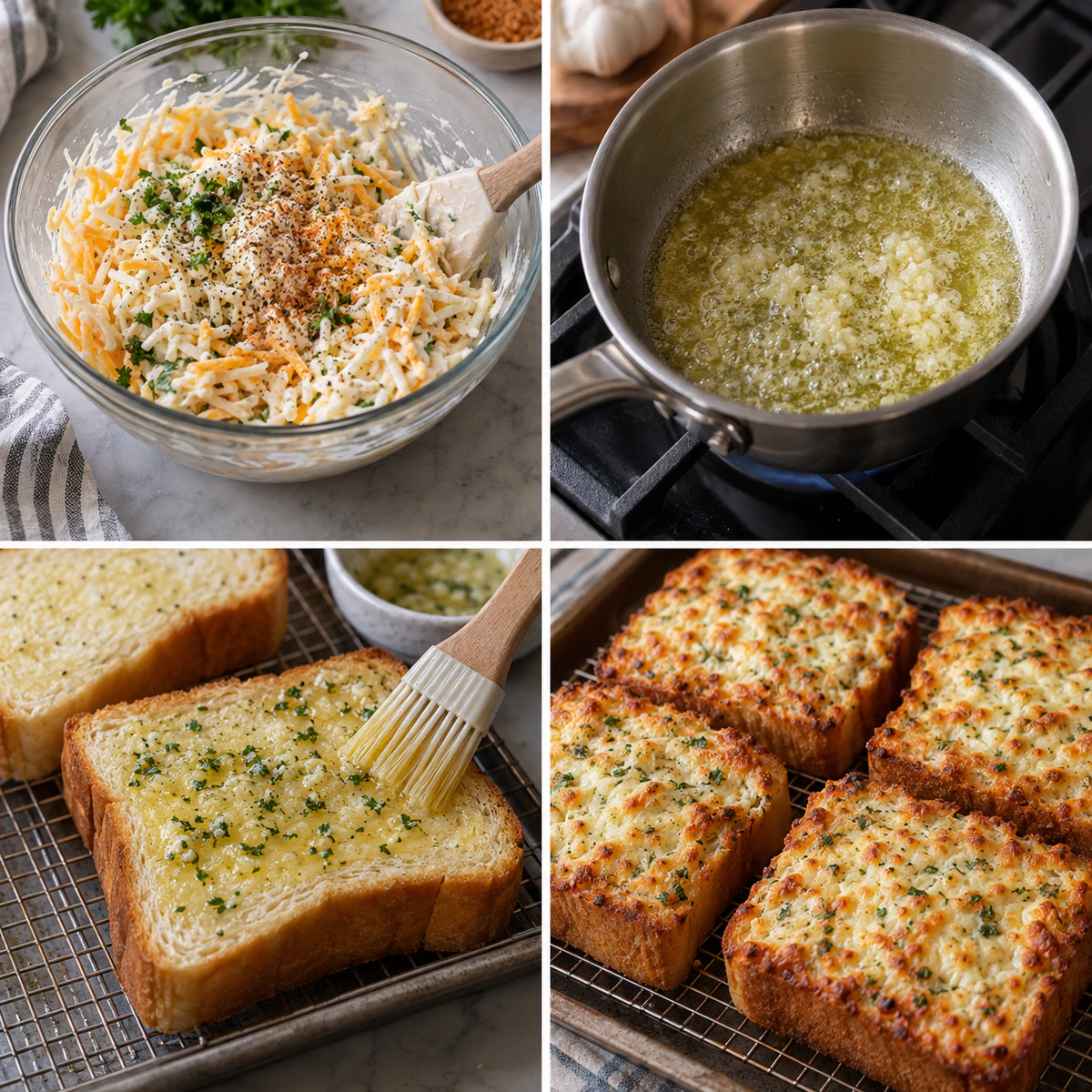 Four chronological preparation stages for Cheesy Texas Toast