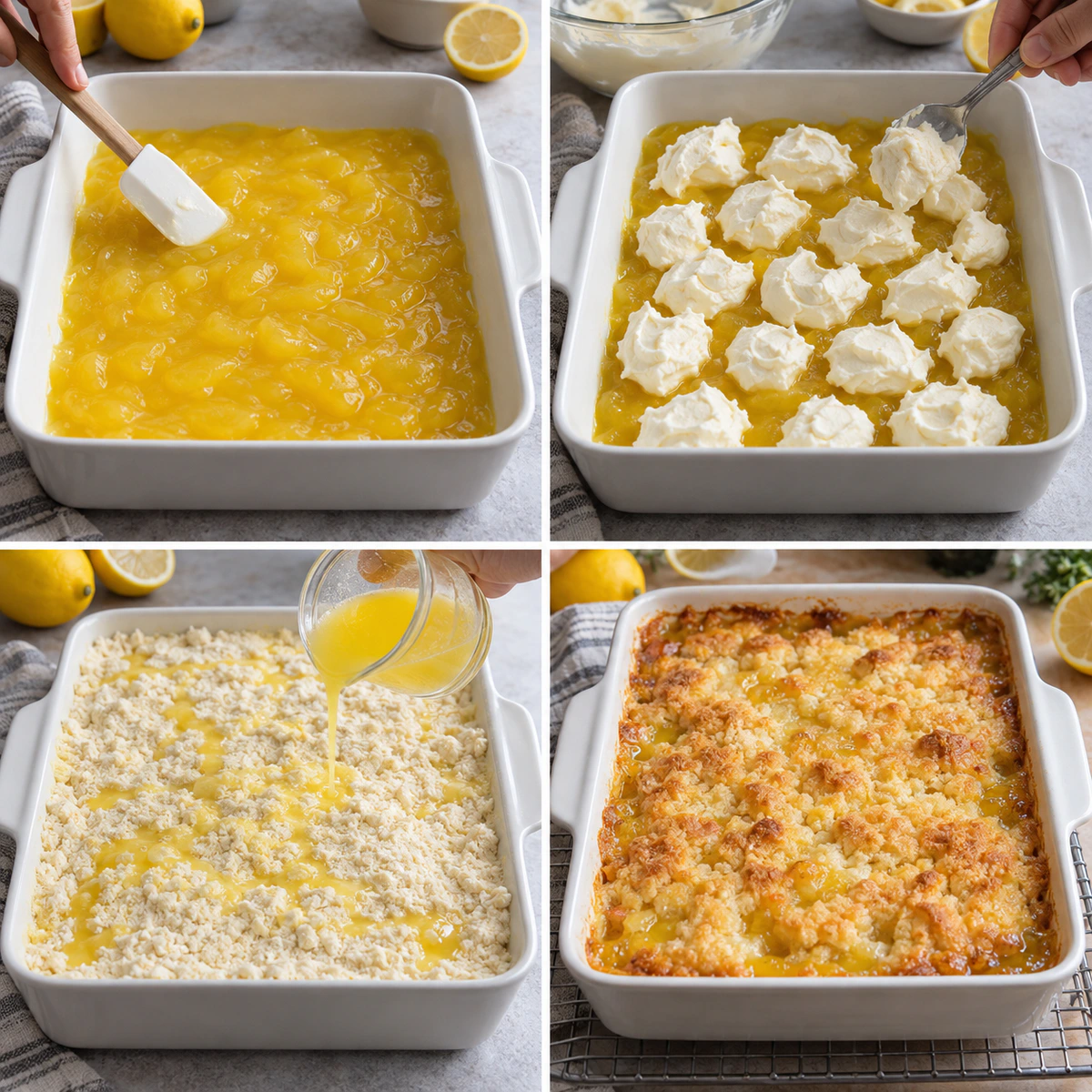 Four chronological preparation stages for 4-Ingredient Lemon Cream Cheese Dump Cake