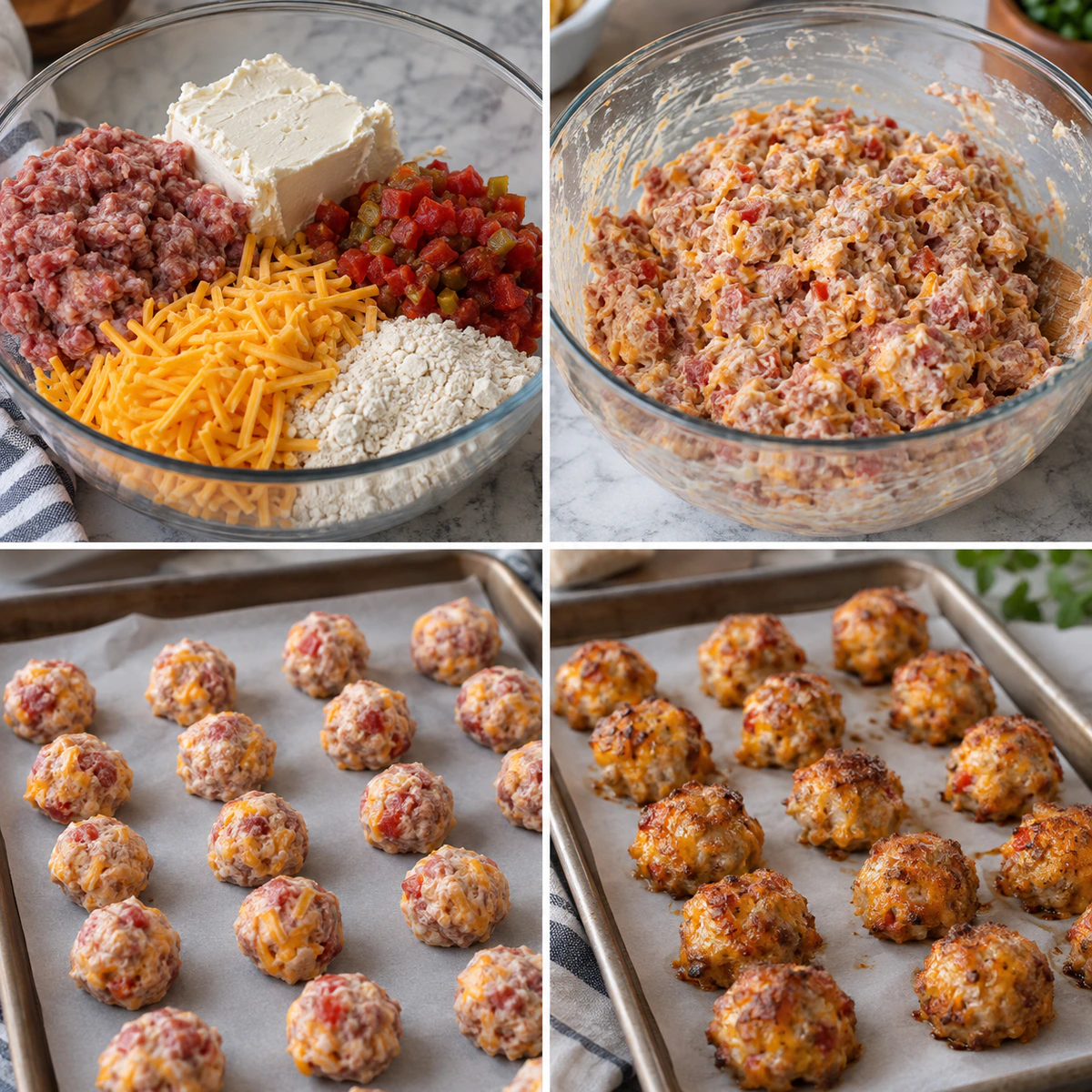 Four chronological preparation stages for Rotel Sausage Balls
