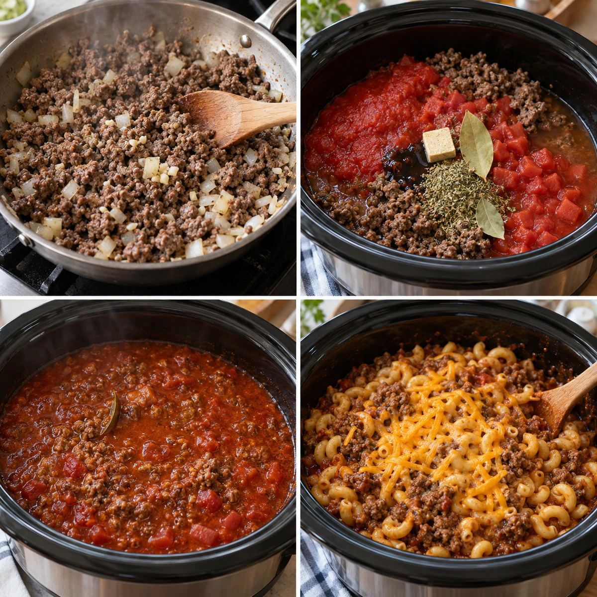 Four chronological preparation stages for Slow Cooker Goulash