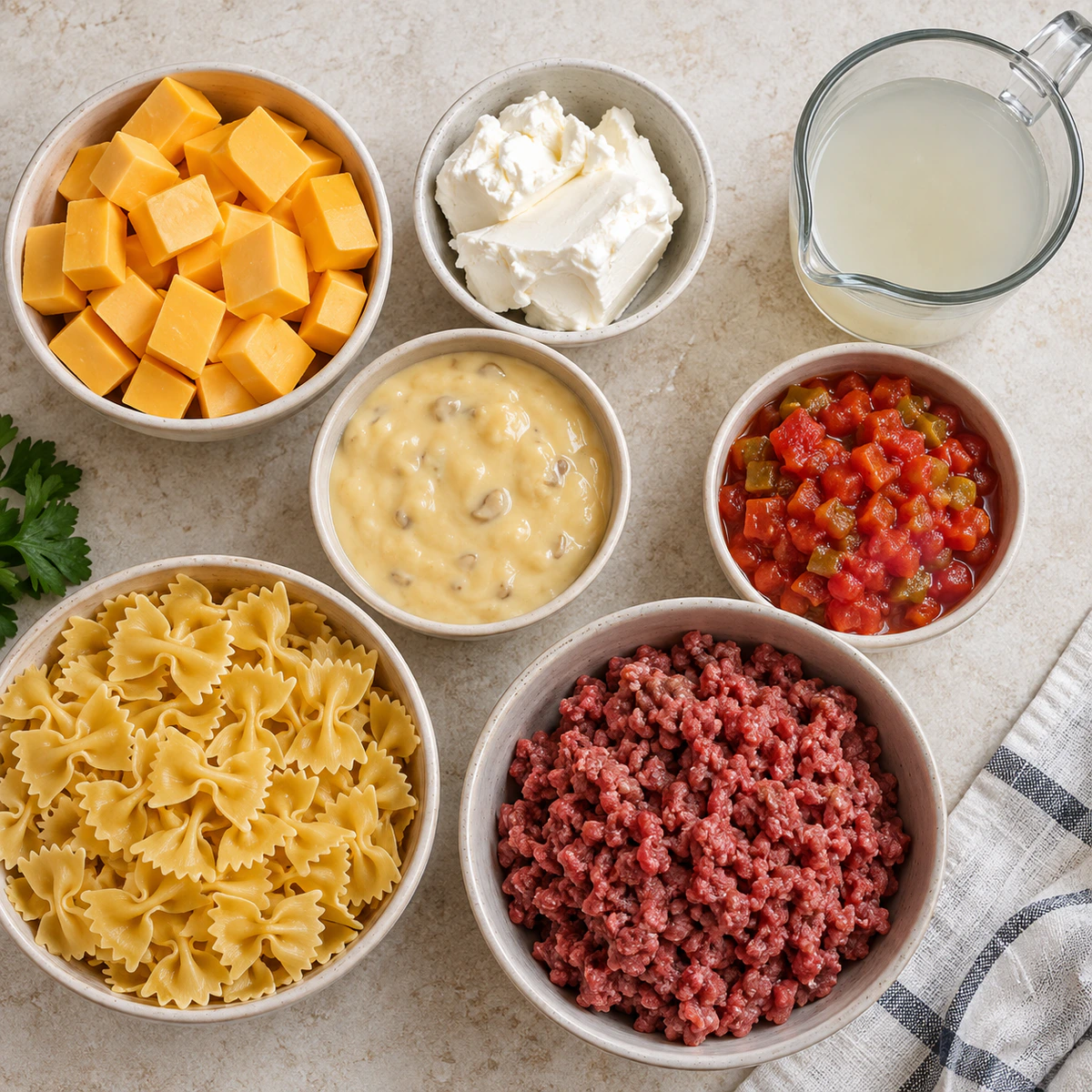 Exact measured ingredients for Creamy Velveeta Beef & Bowtie Pasta