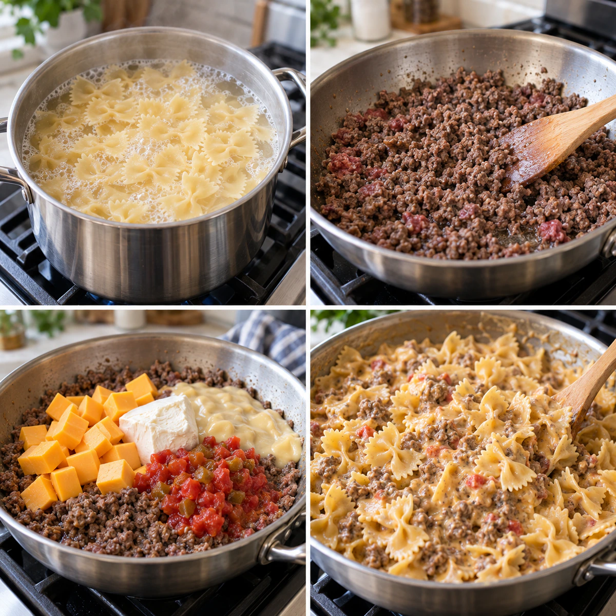 Four chronological preparation stages for Creamy Velveeta Beef & Bowtie Pasta