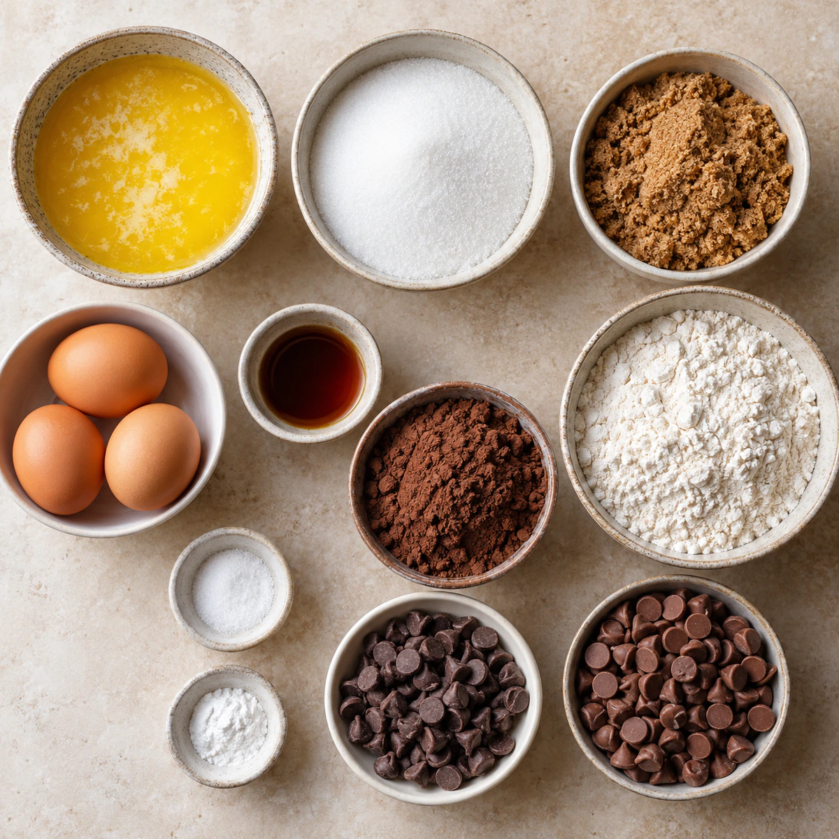 Exact measured ingredients for Fudgy Chocolate Chip Brownie Squares