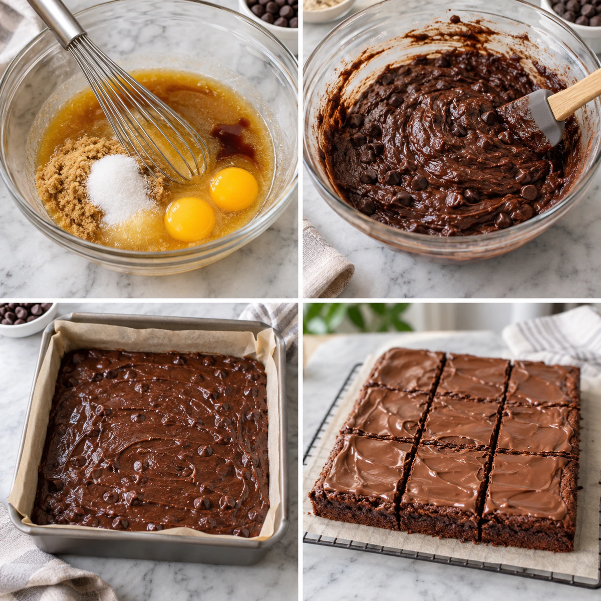 Four chronological preparation stages for Fudgy Chocolate Chip Brownie Squares