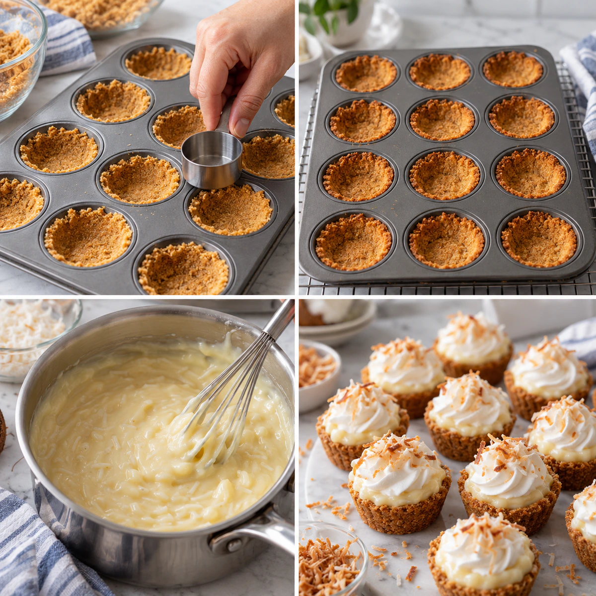 Four chronological preparation stages for Mini Coconut Cream Pies
