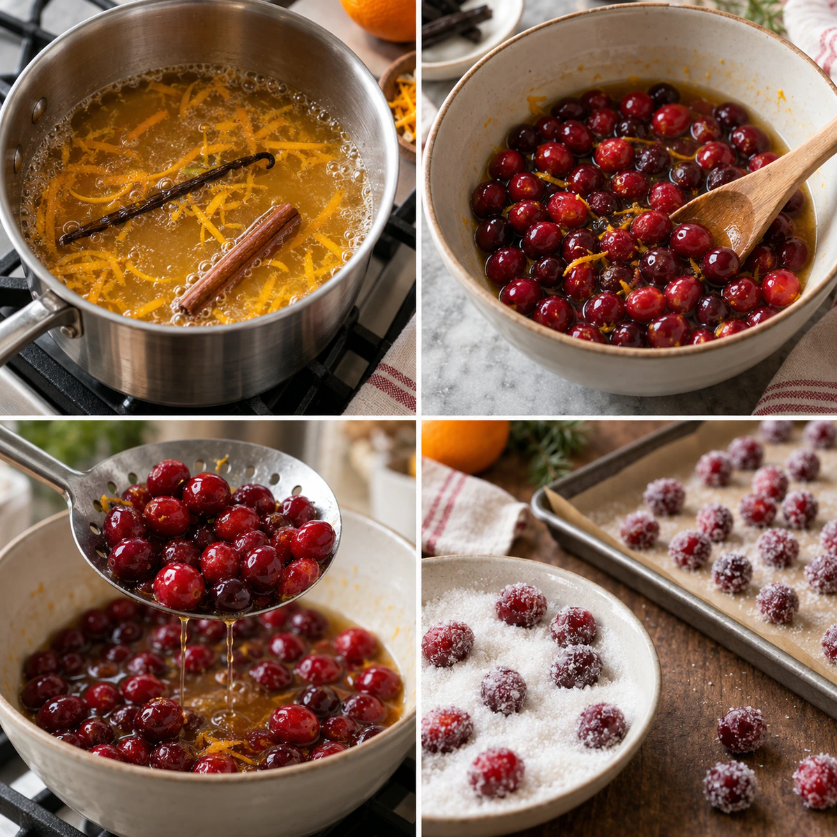 Four chronological preparation stages for Orange Vanilla Candied Cranberries