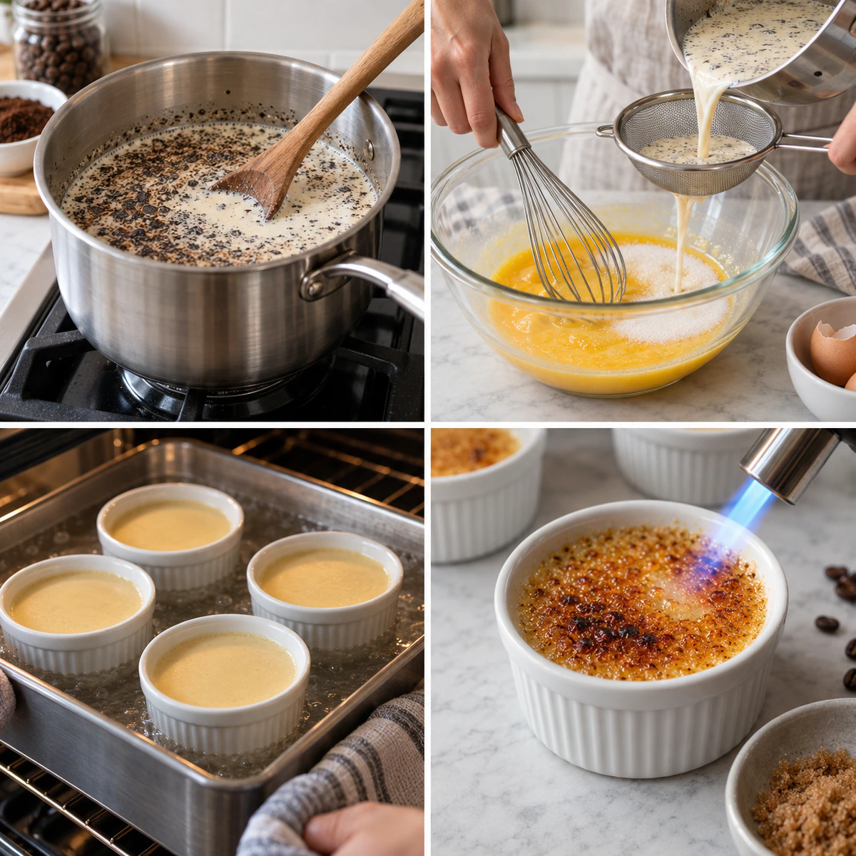 Four chronological preparation stages for Coffee Crème Brûlée