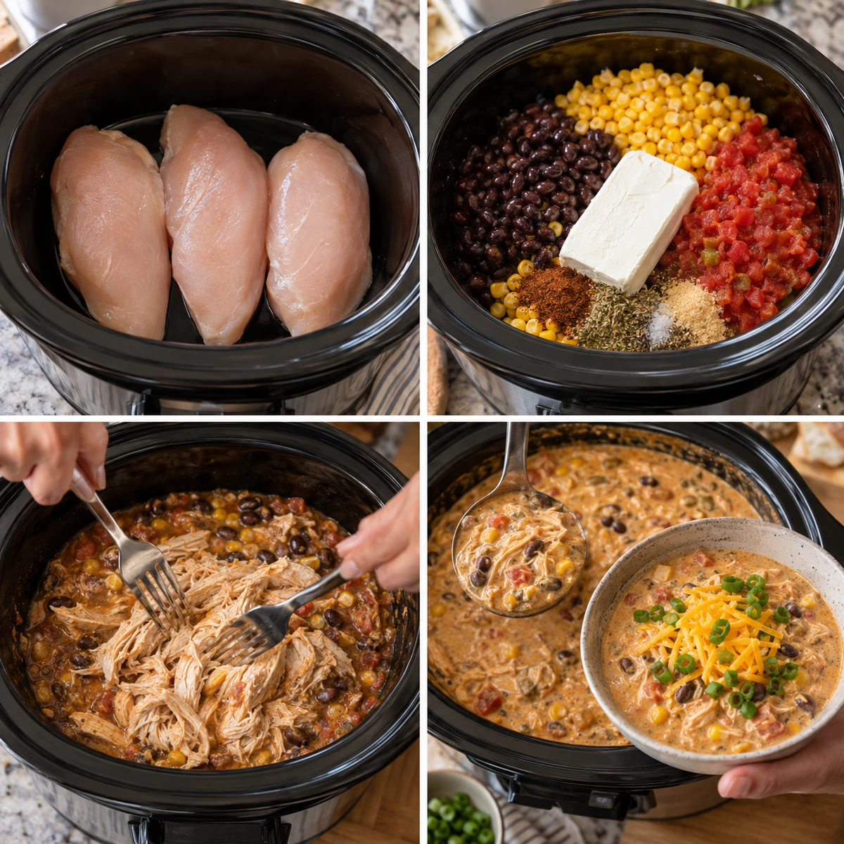 Four chronological preparation stages for Crockpot Cream Cheese Chicken Chili