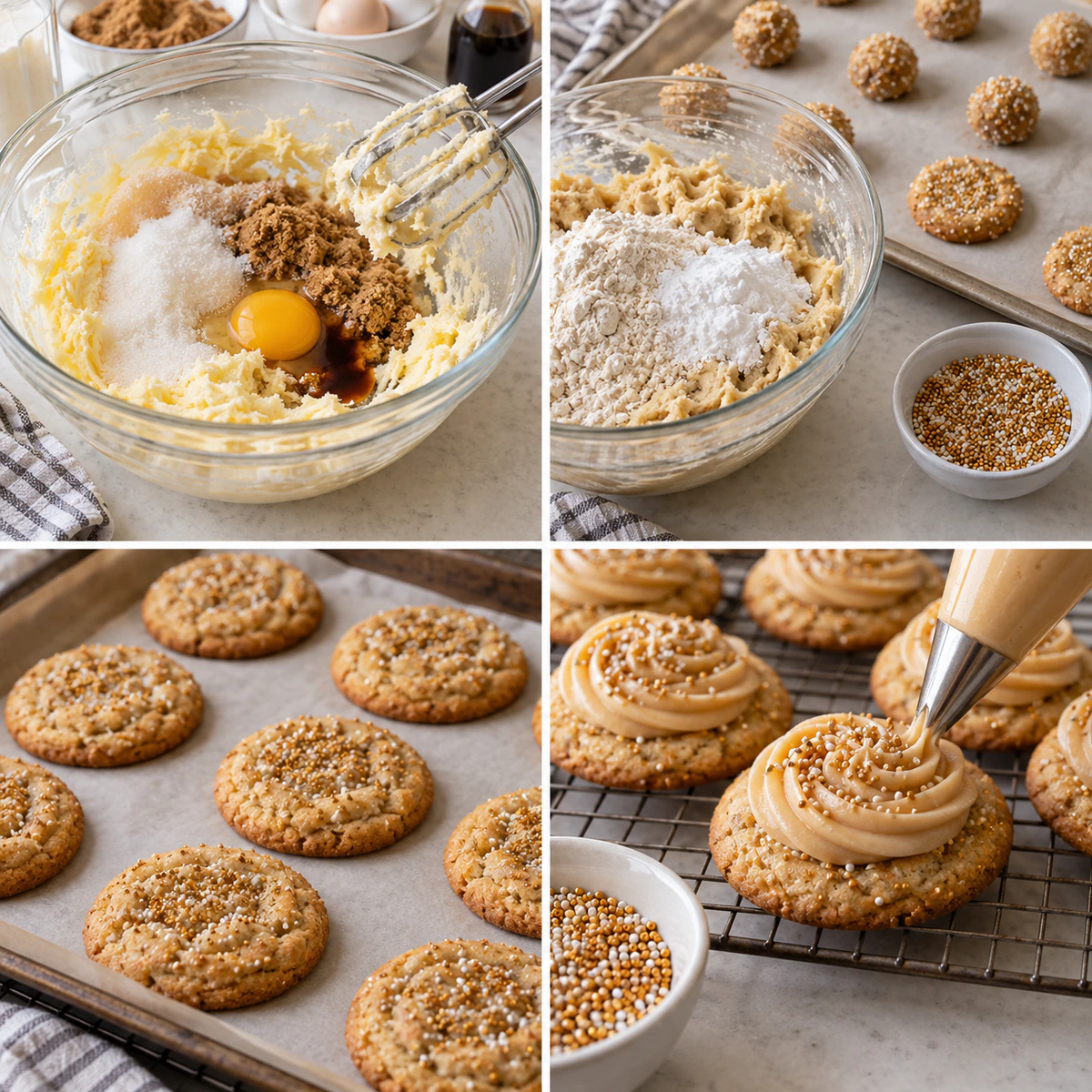 Four chronological preparation stages for Harry Potter Butterbeer Cookies