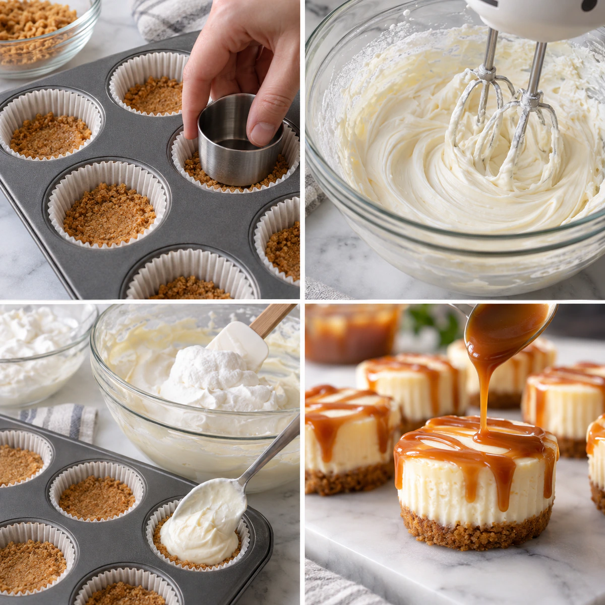 Four chronological preparation stages for Mini Caramel Cheesecakes