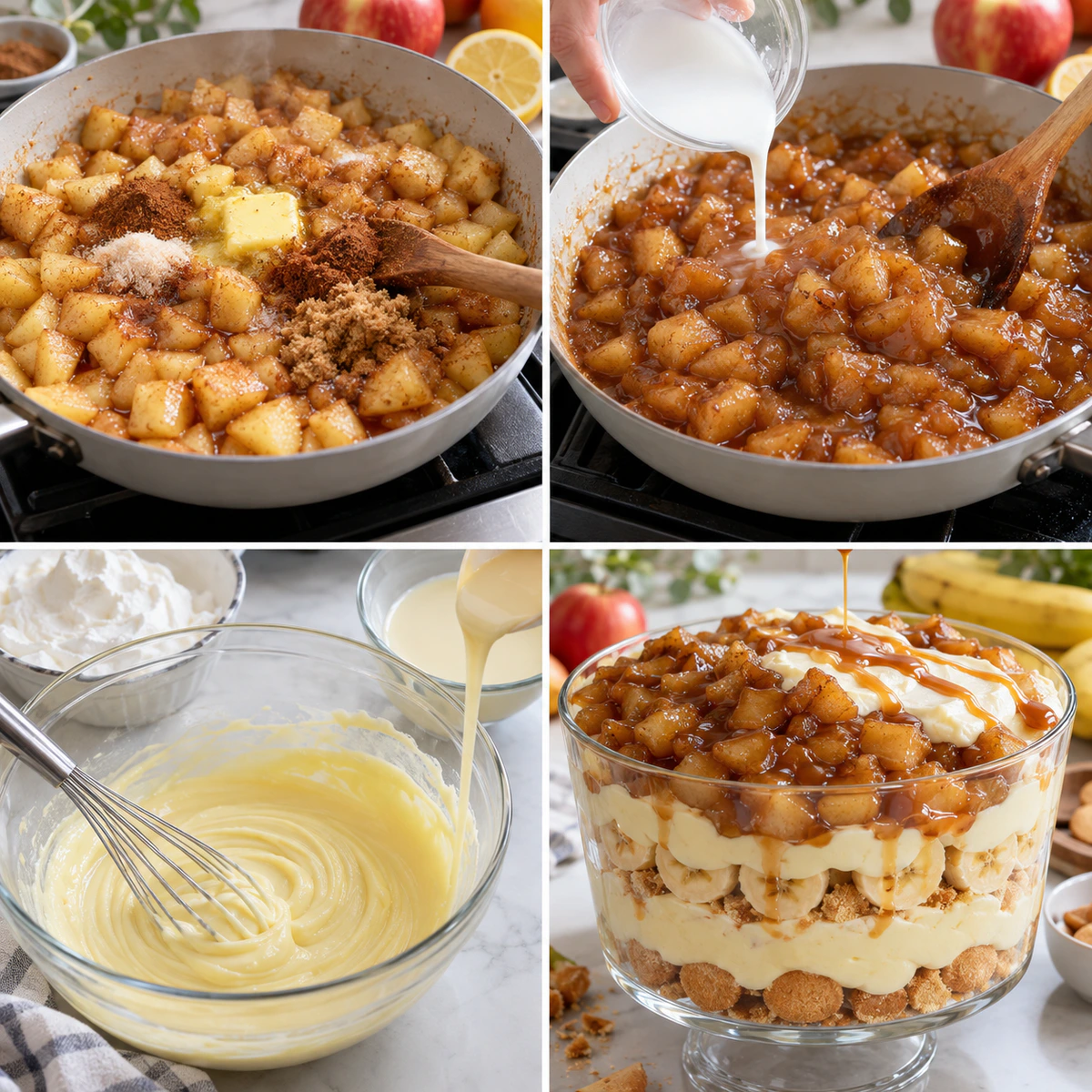 Four chronological preparation stages for Apple Pie Banana Pudding