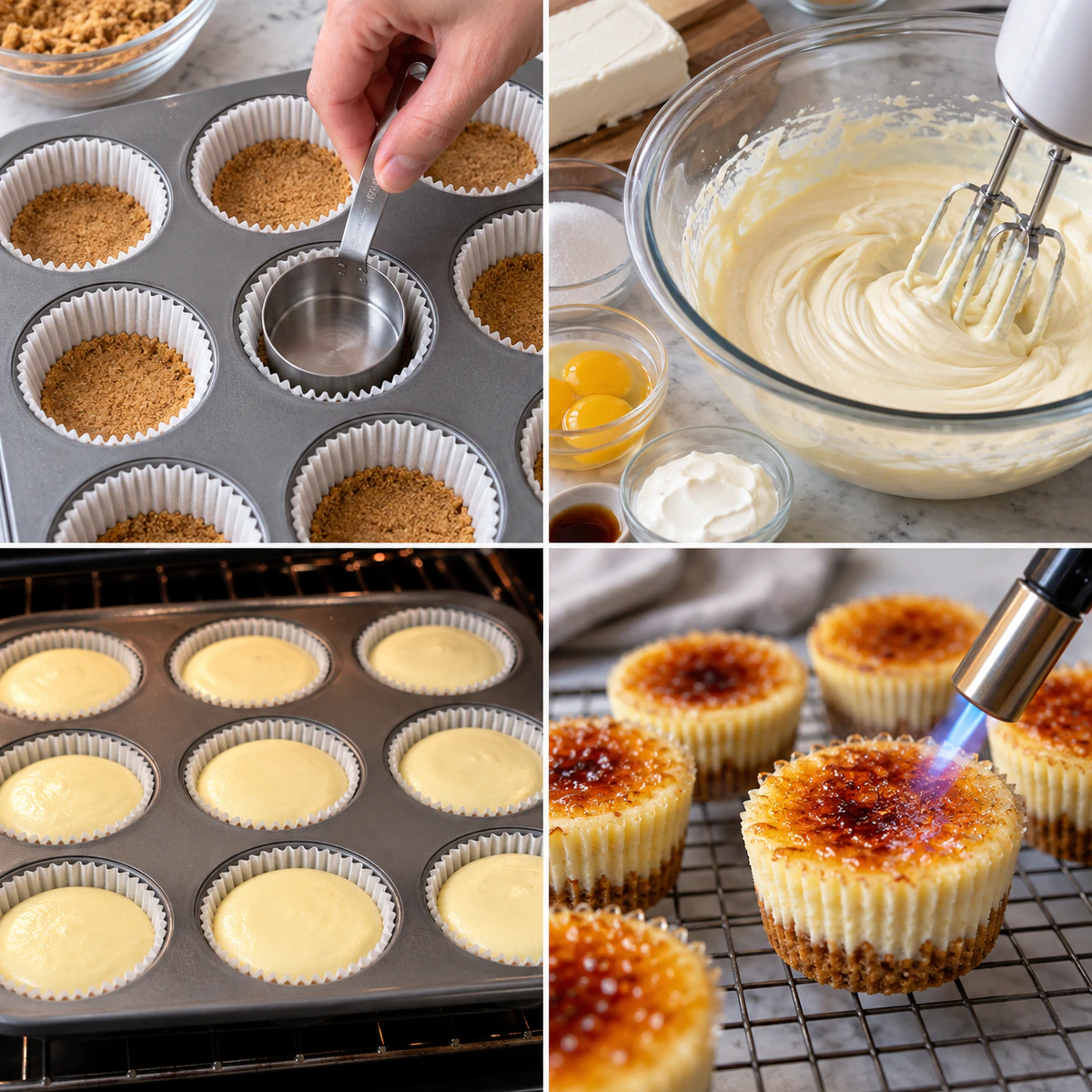 Four chronological preparation stages for Crème Brûlée Cheesecake Cupcakes