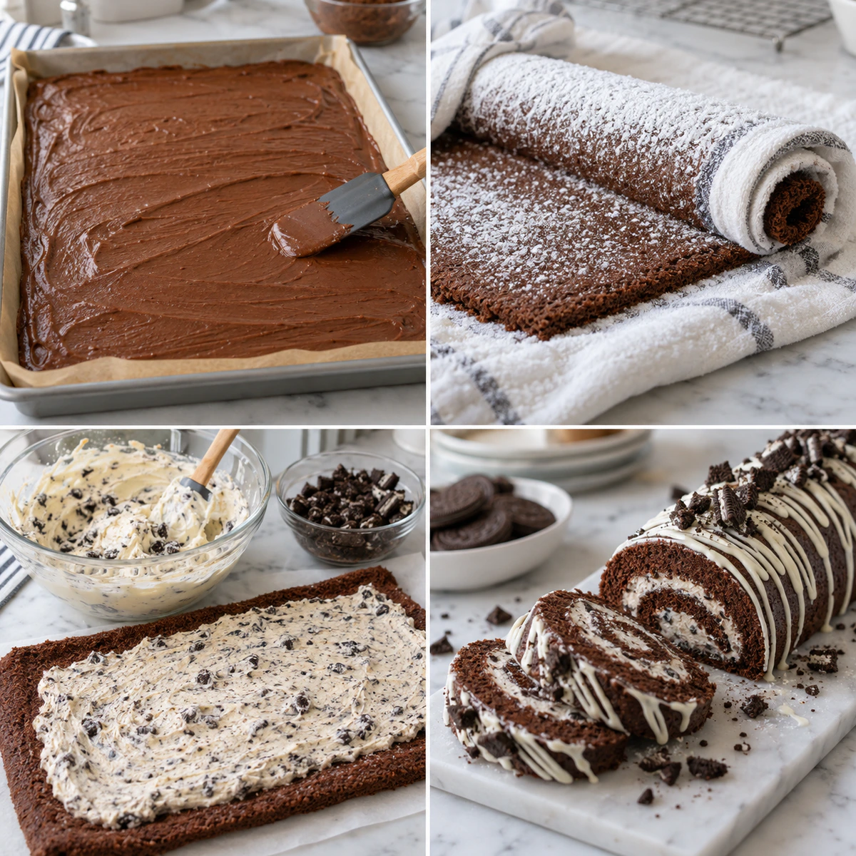Four chronological preparation stages for Oreo Cream Cheese Cheesecake Sushi Roll Dessert