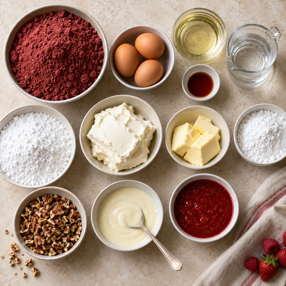 Exact measured ingredients for Red Velvet Cheesecake Sushi Roll Dessert