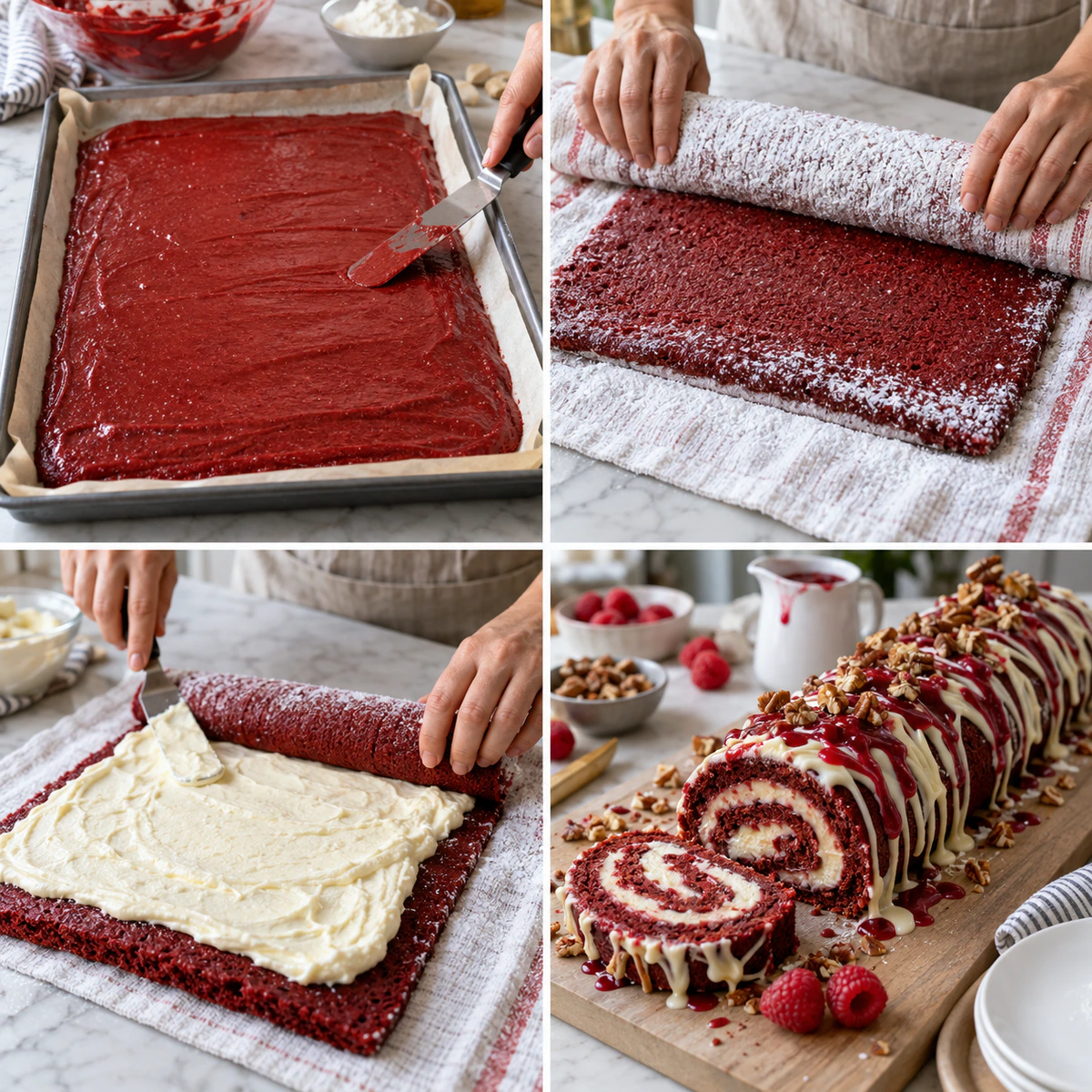 Four chronological preparation stages for Red Velvet Cheesecake Sushi Roll Dessert