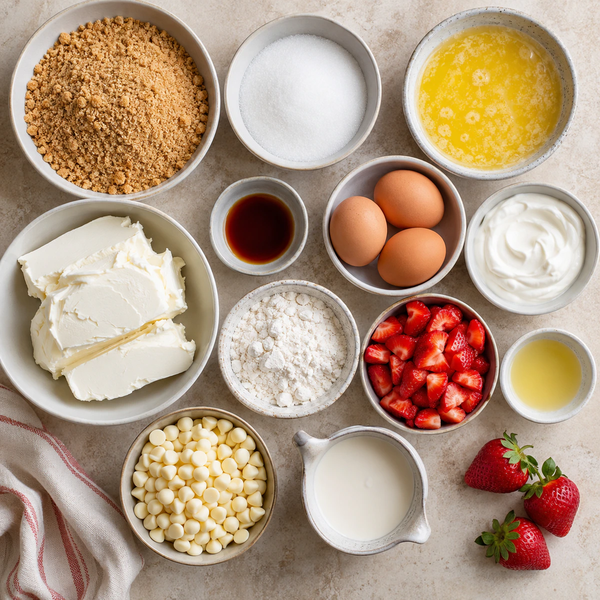 Exact measured ingredients for Strawberry Cheesecake with White Chocolate Drizzle