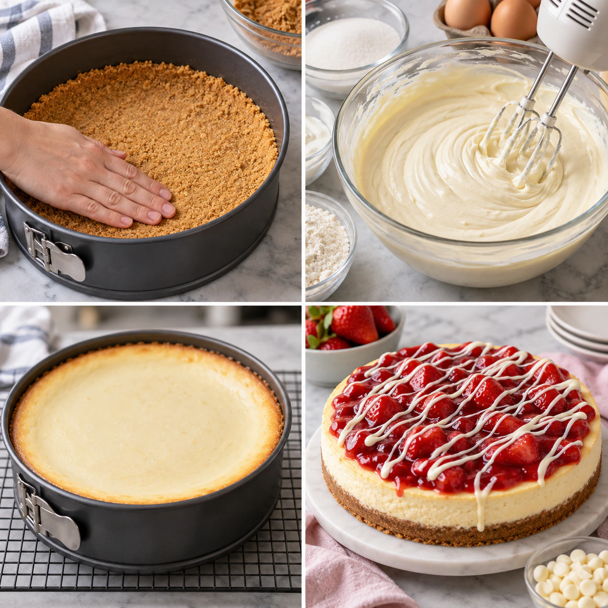 Four chronological preparation stages for Strawberry Cheesecake with White Chocolate Drizzle