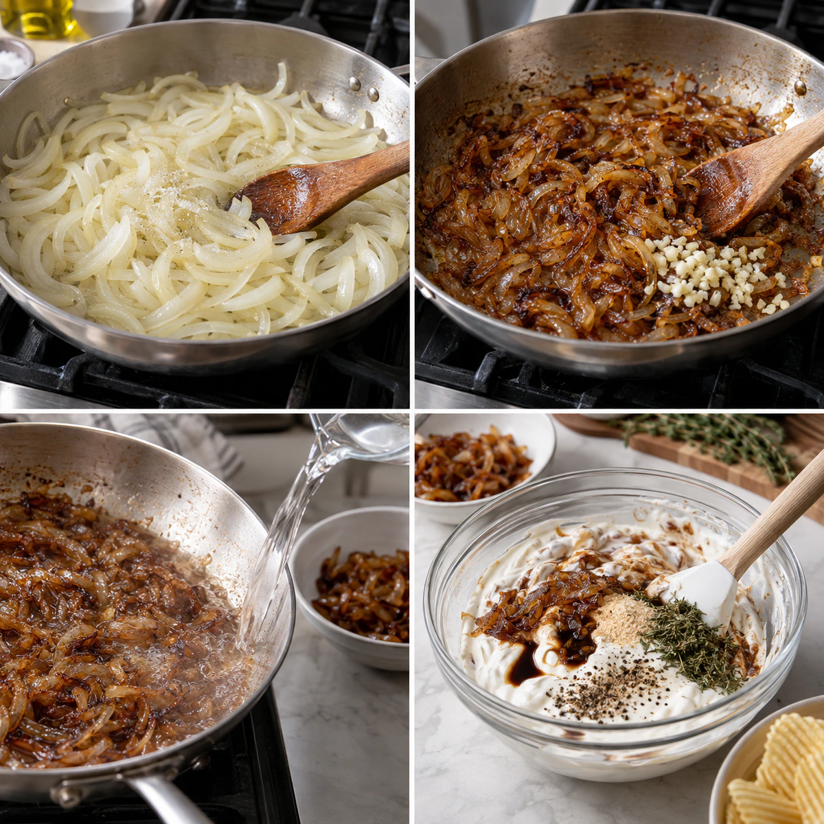Four chronological preparation stages for Fresh French Onion Dip