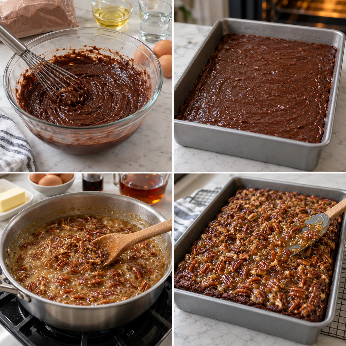 Four chronological preparation stages for Fudgy Pecan Brownies