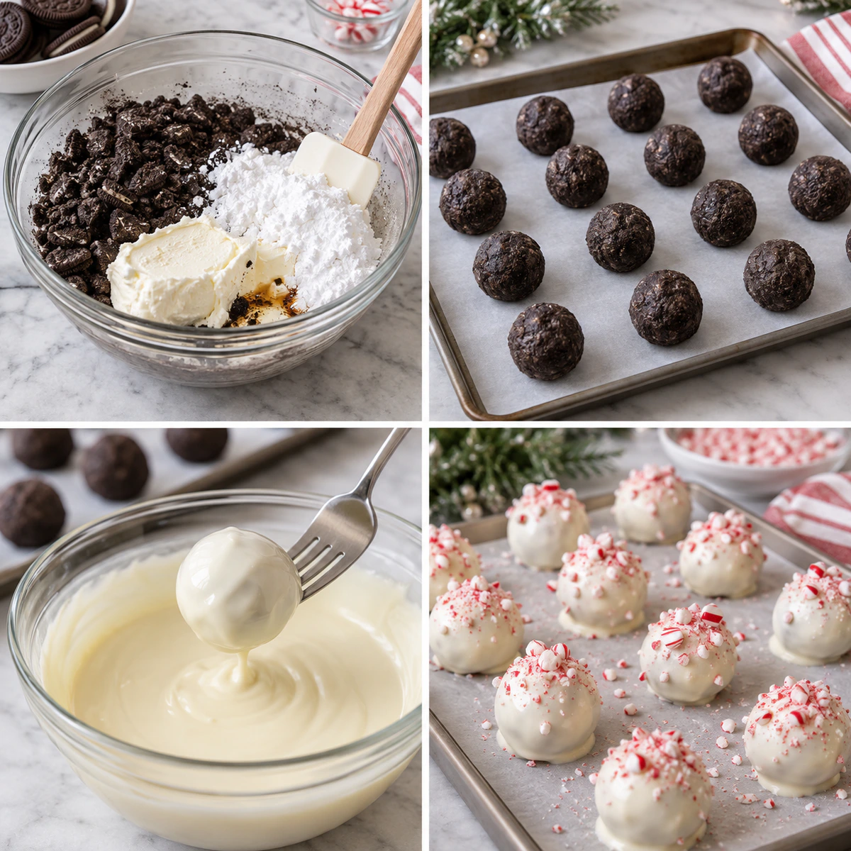 Four chronological preparation stages for Minty Holiday Snowballs