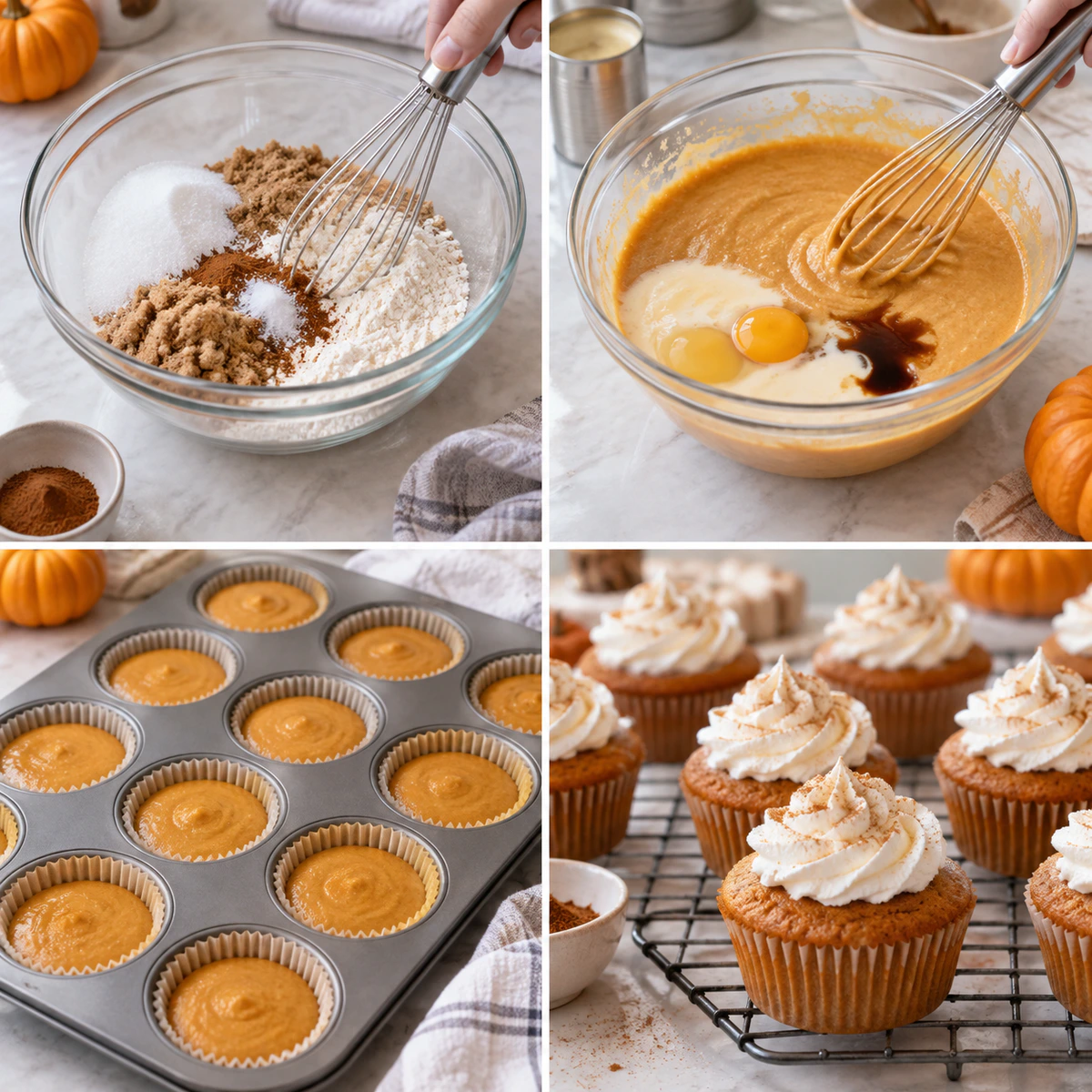 Four chronological preparation stages for Easy Pumpkin Pie Cups