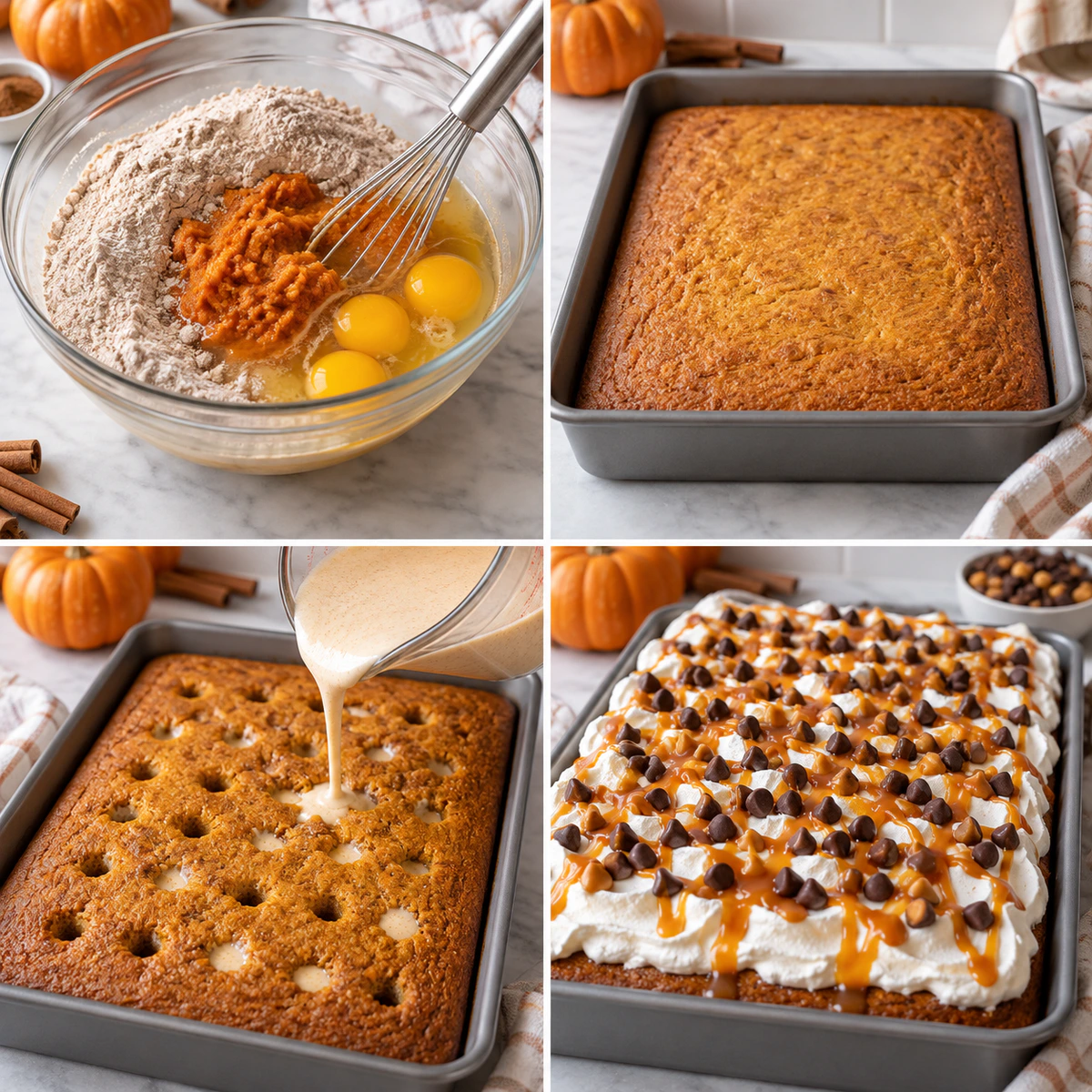 Four chronological preparation stages for Easy Fall Poke Cake