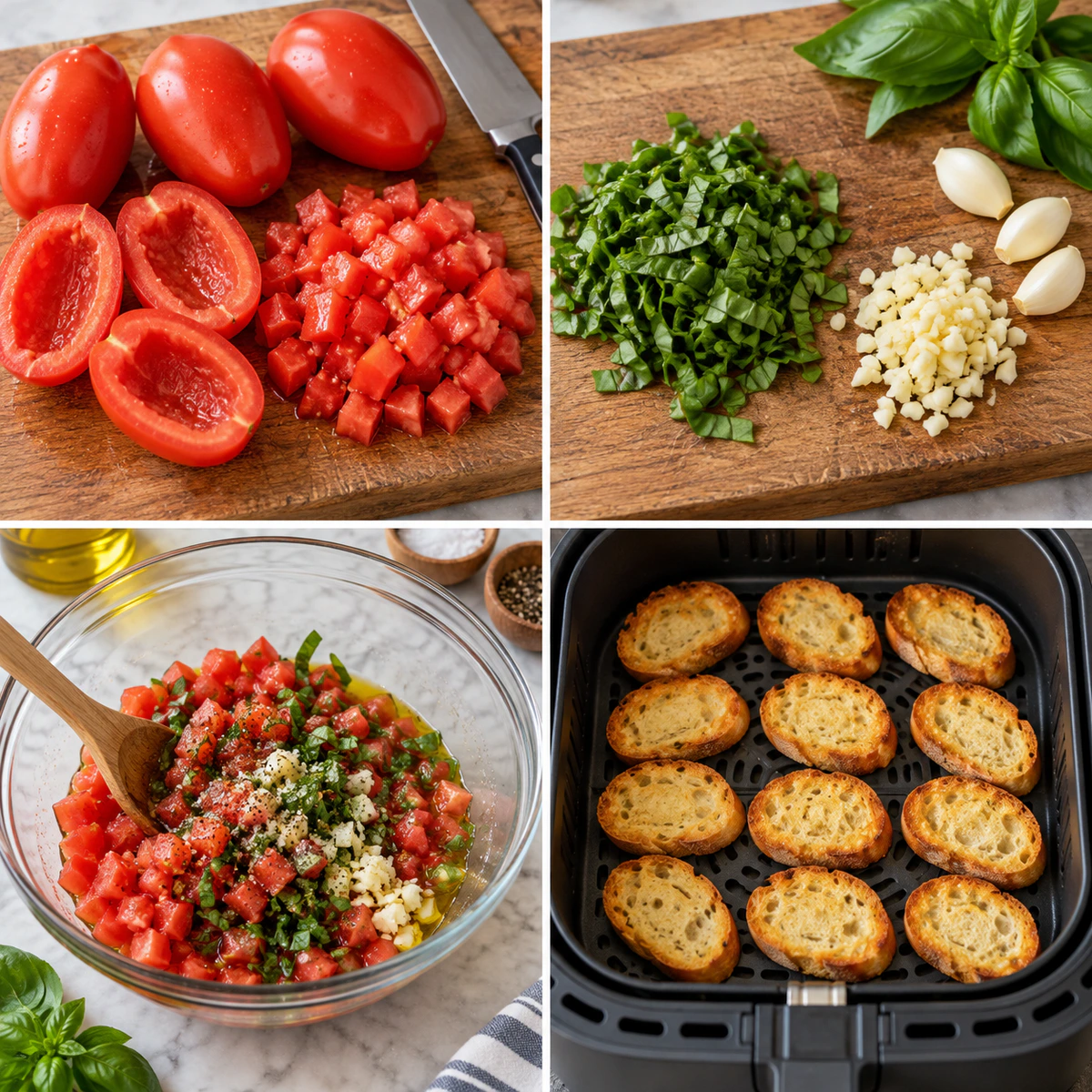 Four chronological preparation stages for Easy Air Fryer Bruschetta